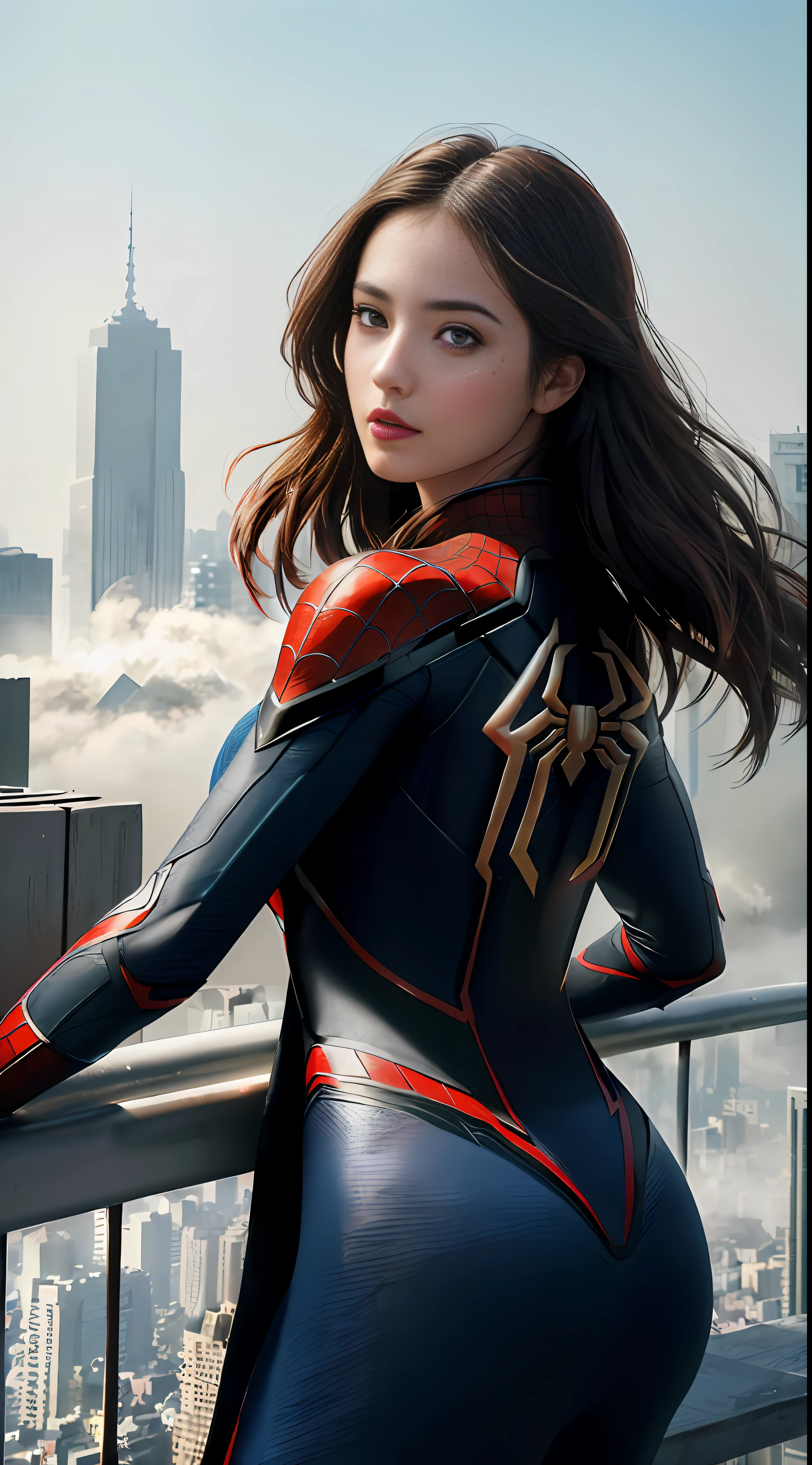 (1girl:1.3), Solo, (((Very detailed face)))), ((Very detailed eyes and face)))), Beautiful detail eyes, Body parts__, Official art, Unified 8k wallpaper, Super detailed, beautiful and beautiful, beautiful, masterpiece, best quality, original, masterpiece, super fine photo, best quality, super high resolution, realistic realism, sunlight, full body portrait, amazing beauty, dynamic pose, delicate face, vibrant eyes, (from the front), She wears Spider-Man suit, red and black color scheme, spider, very detailed city roof background, rooftop, overlooking the city, detailed face, detailed complex busy background, messy, gorgeous, milky white, highly detailed skin, realistic skin details, visible pores, clear focus, volumetric fog, 8k uhd, DSLR, high quality, film grain, fair skin, photo realism, lomography, futuristic dystopian megalopolis, translucent