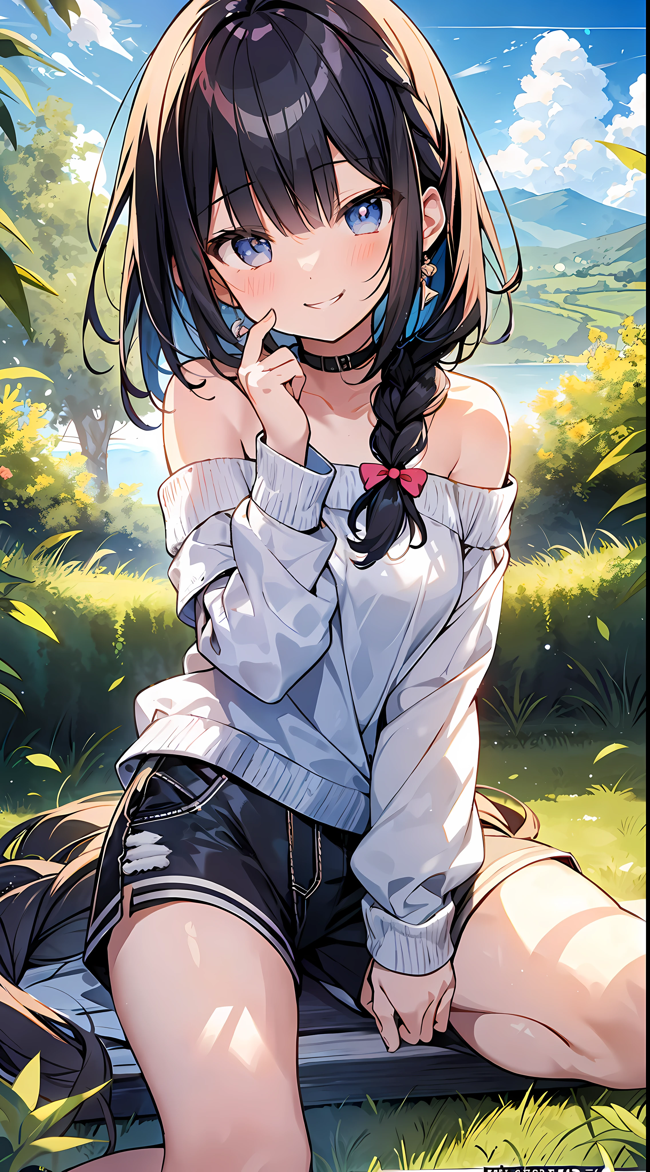 Top Quality, Masterpiece, Ultra High Definition, 8K, Summer Sky, Early Summer, (Shorts, Light Knitwear, Sneakers), Shojo Manga Style , One, Soft Line Art, Digital Enhancement, Shojo Manga Touch, Shoujo Manga Core, Flowing Fabric, Close Up, (Hair length and short braid to the shoulders)), Wet Hair, Staring at us from the front, Soft drawing, Beautiful Black Hair, Clear eyes, ((teasing smile)), ultra-detailed digital anime art, clear face depiction, ultra-detailed shojo manga character art, clear facial features, ultra-detailed manga style, top quality colors, hand gestures, landscape with nature, looking up at the sky, angle that can see up to your feet, sit