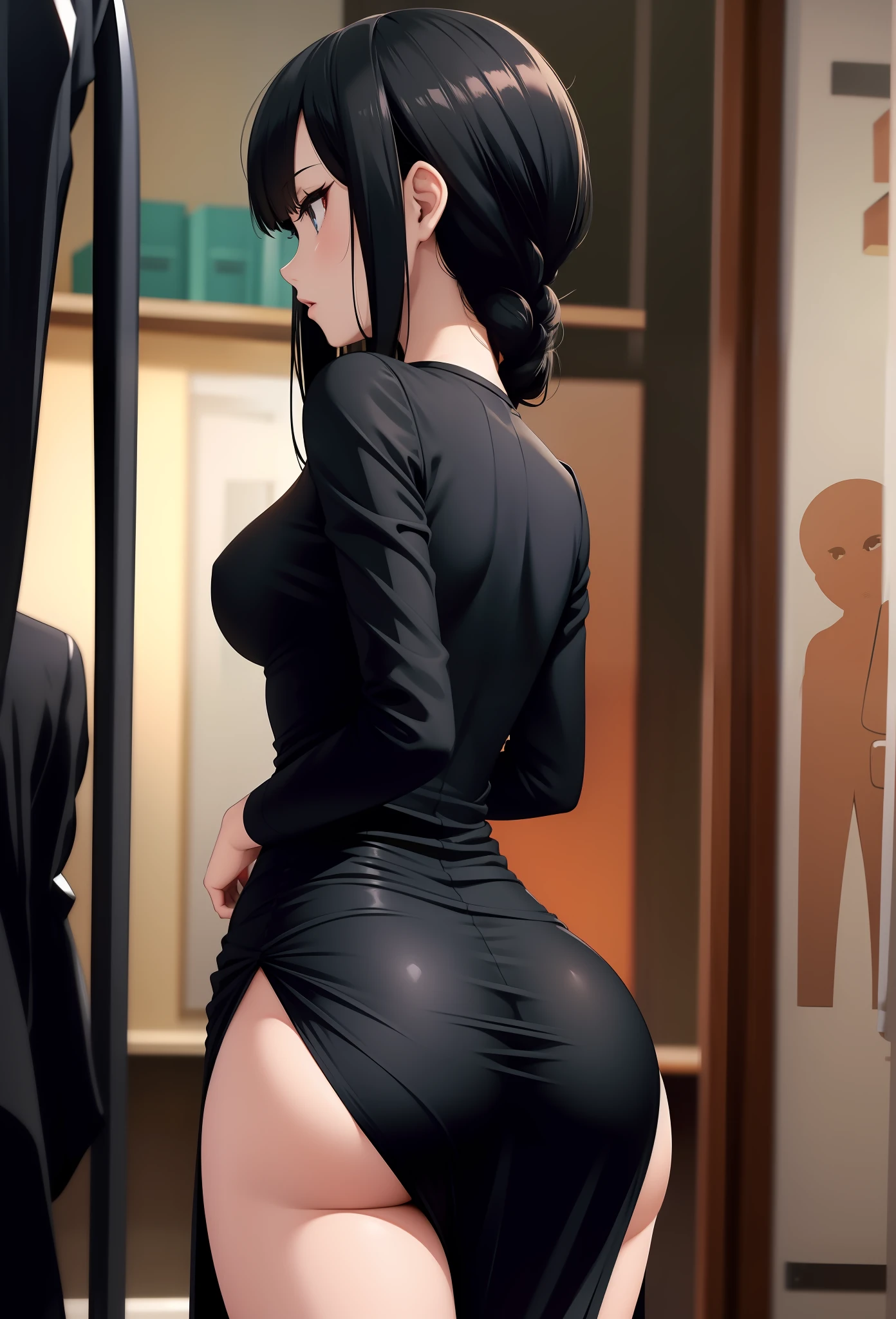 Female, black hair, dress view from behind, skinny figure, medium breasts, medium butt, nsfw, lewd face,