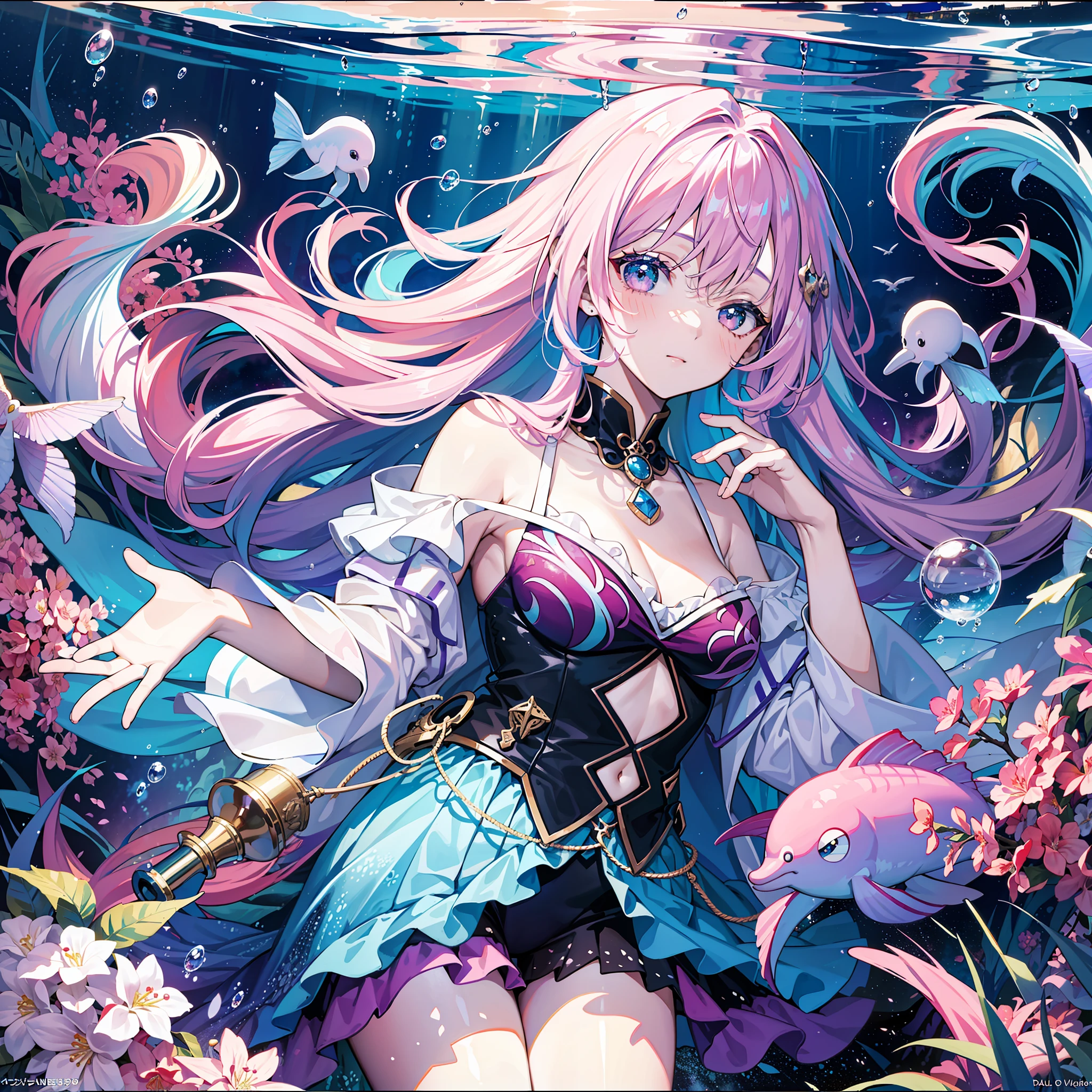 (Masterpiece, Top Quality, Best Quality, Watercolor (Medium), Official Art, Beautiful and Aesthetic: 1.2), (1 Girl: 1.3), (Fractal Art: 1.3), Watch Viewer, Pattern, (iridescent hair, colorful hair, half light purple and half pink hair: 1.2), undersea, fish, jellyfish, dolphin, bubbles, water, liquid, clouds, colorful, seabed,