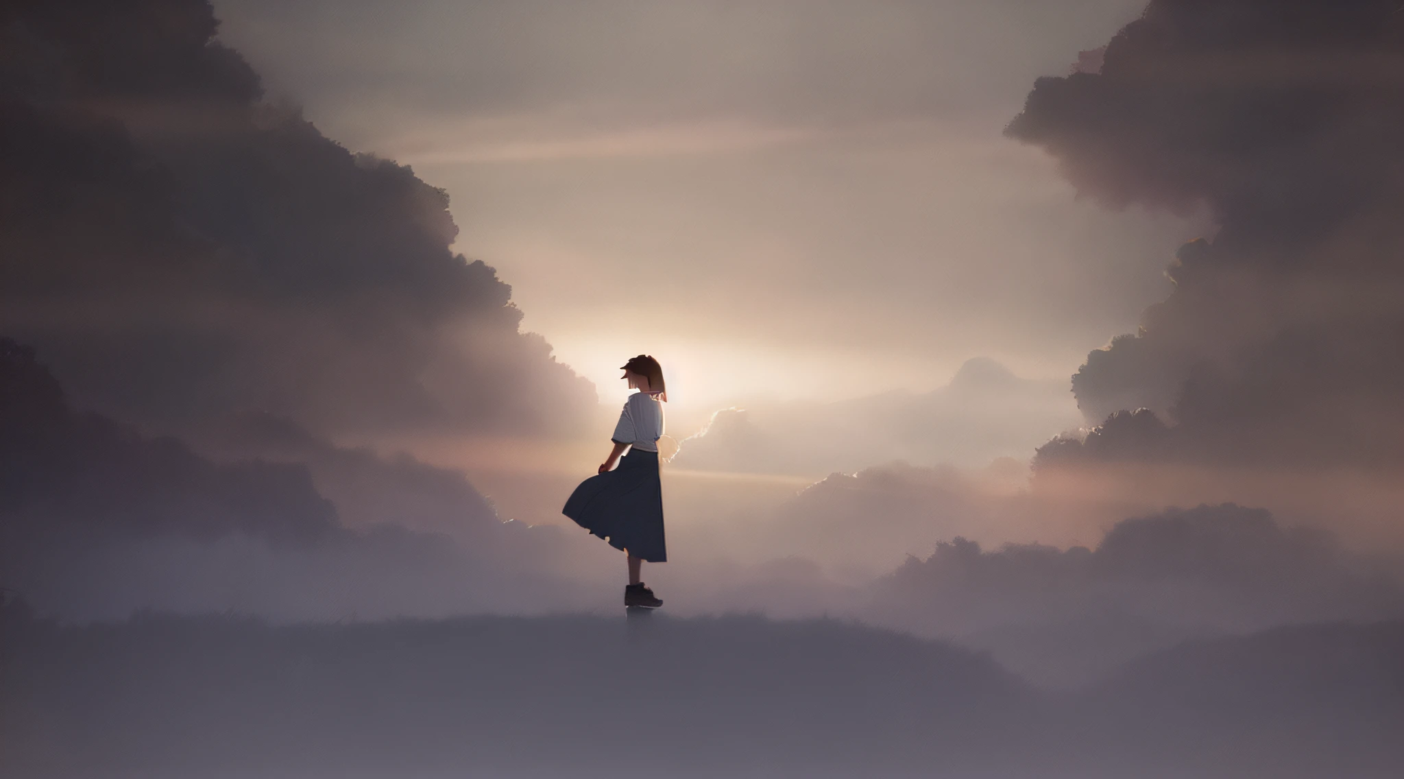 Detailed and perfect anime style illustration, brown short hair, very cute young woman, female focus, solo, upper body, wearing gray shirt, gray long skirt. Daydream, dramatic and fantastic foggy mysterious background, background blurred, dramatic lighting Makoto Shinkai