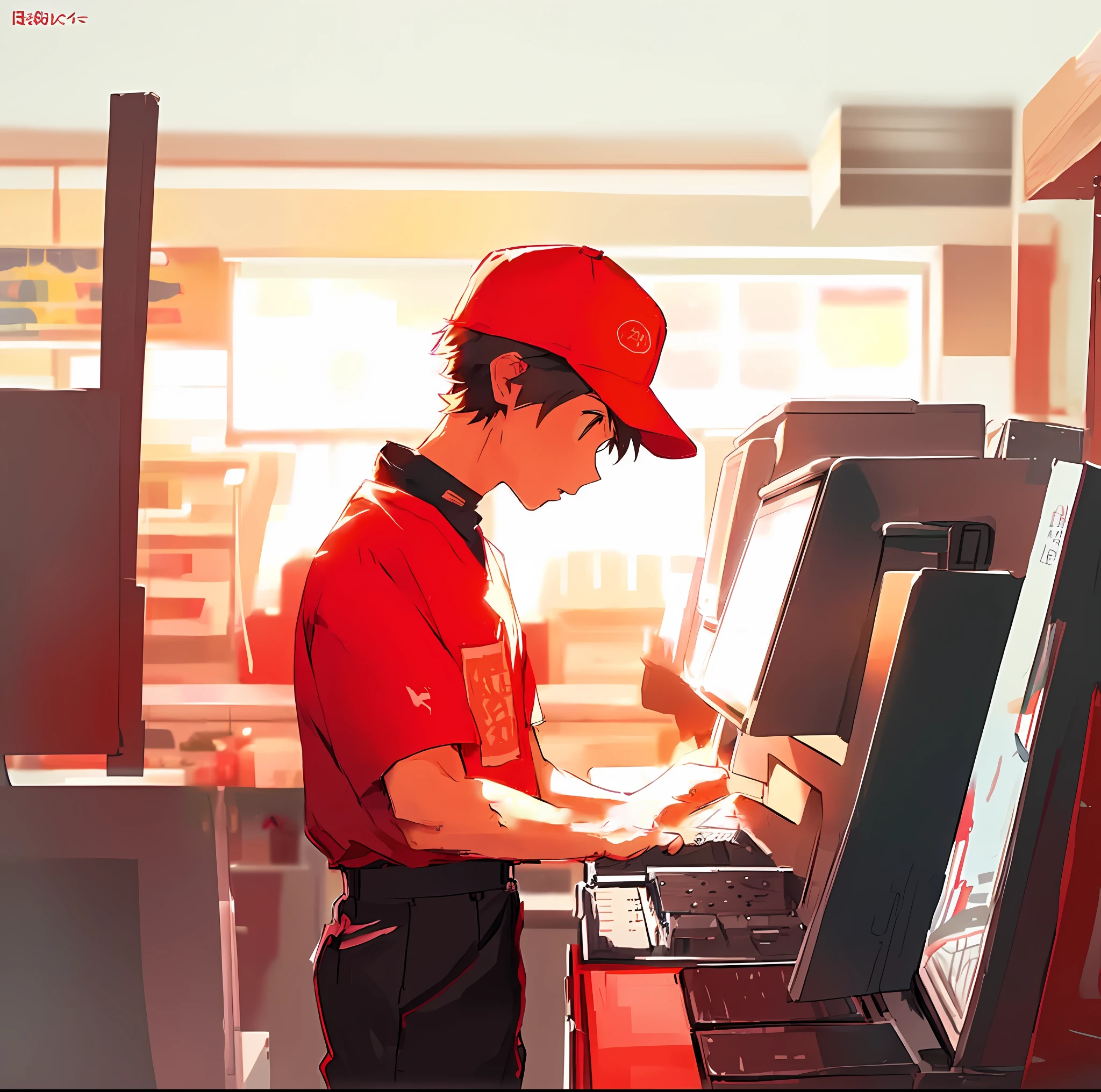 Anime boy cashier in red shirt working standing, (standing), Makoto Kano, Kuvshinov Ilya, Kuvshinov, 19xx: 2 Akira Movie Style: 8, High Quality Doujin Art, Anime Boy, High Quality Anime Art Style, (Ilya Kuvhinov), Akihiko Yoshida! , wearing a red back hat, Akira resonates