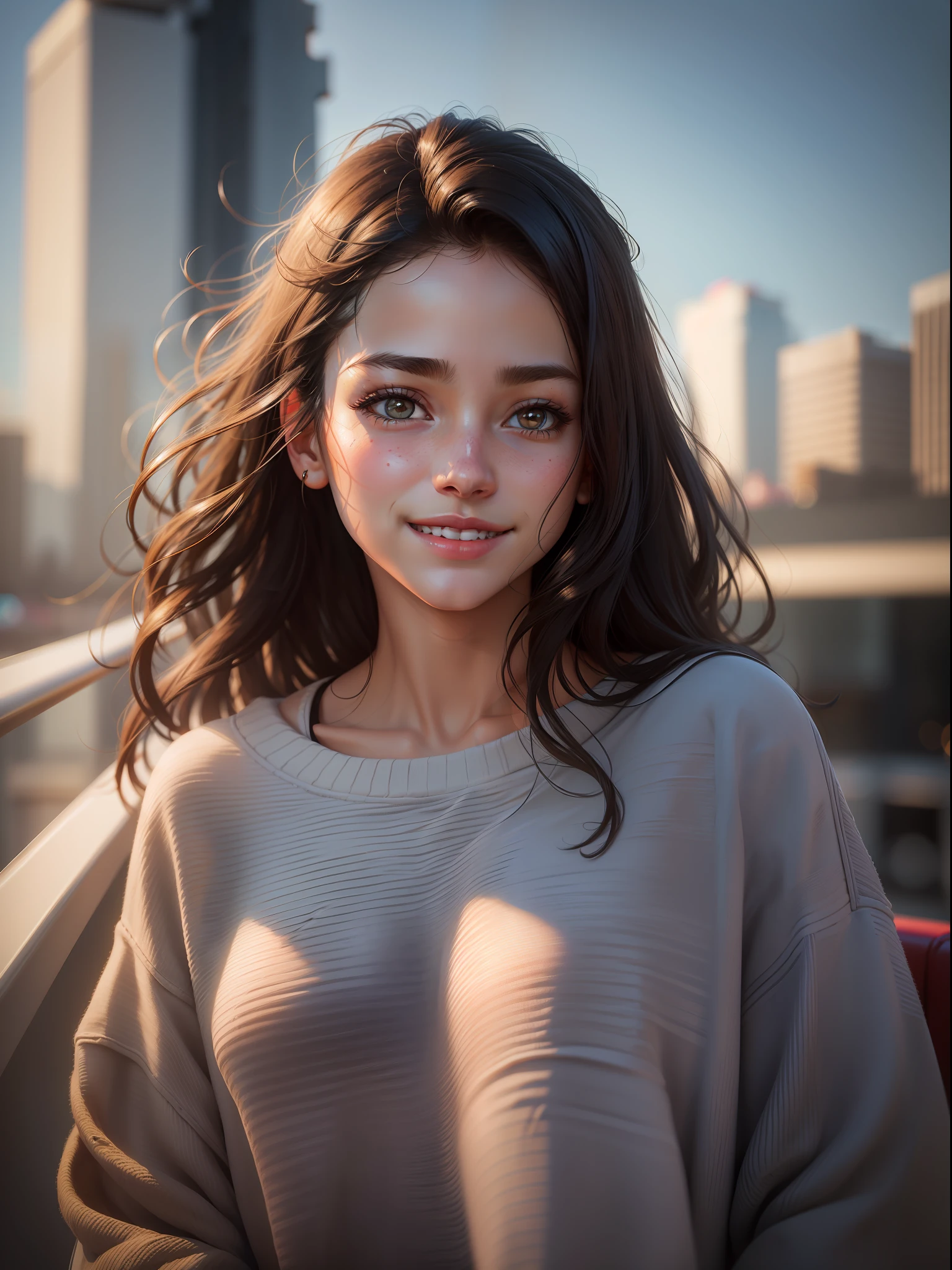 (RAW photo, best quality), (realistic, photo-realistic:1.2), a portrait photo, 1girl, shopping mall rooftop cafe, outdoor, smile, (high detailed skin:1.4), puffy eyes, gorgeous hair, air bangs, brown black hair, red pullover sweater, vintage blue jeans, soft lighting, high quality, skin spots,