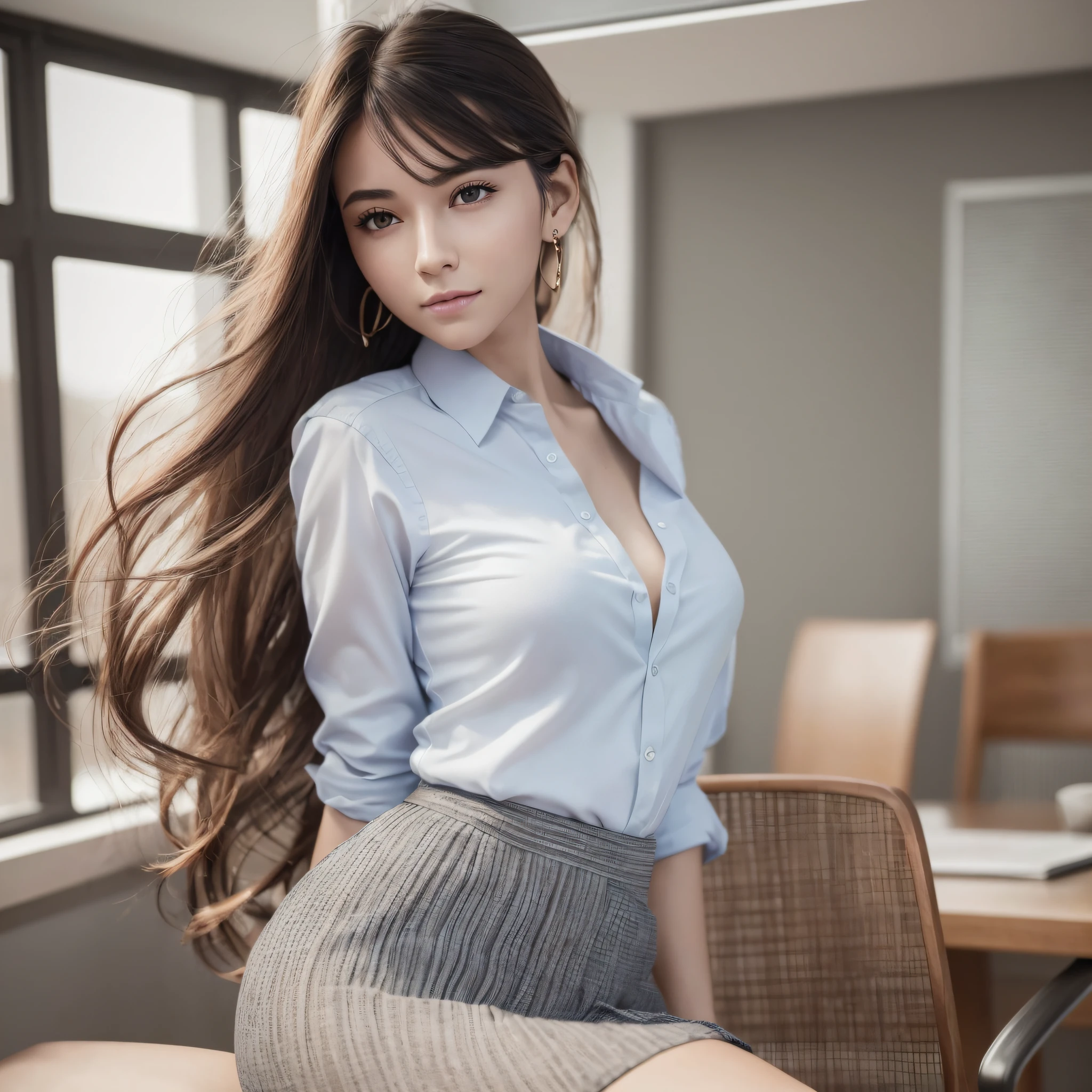 (8k, RAW photos, top quality, masterpiece: 1.2), super detail, ultra high resolution, (photorealistic, photorealistic photos: 1.37), portraits, high detail RAW color photos, professional photos, particle texture photos, very delicate and beautiful, very detailed, 8k wallpapers, amazingly detailed details, huge file size, highly detailed CG Unity 8k wallpapers, very detailed beautiful girl, very detailed face, very detailed eyes, very detailed skin, very detailed fingers, very detailed nose, no tie, no earring, business clothes, bank uniform, white blouse, blouse with collar, business vest, bright light blue vest, boole check, 1 girl, (25 years old: 1.2), 20s, cute girl, realistic body, light makeup, very small mouth, thin lips, no eye makeup, rough skin, slender body, dark hair, smile, cute face, ponytail, hair behind the ears, facial pores, realistic face, delicate eyes, drooping eyes, looking forward, standing pose, contra, cowboy shot, alafed woman sitting on desk, graceful legs, long thin legs, thighs and skirt, long legs, standing in class, very beautiful slim legs, Very beautiful long slim legs, sitting on desk, office clothes, nice legs, good waist and long legs, beautiful legs, surreal schoolgirl, cleavage, big, round breasts in front --auto --s2