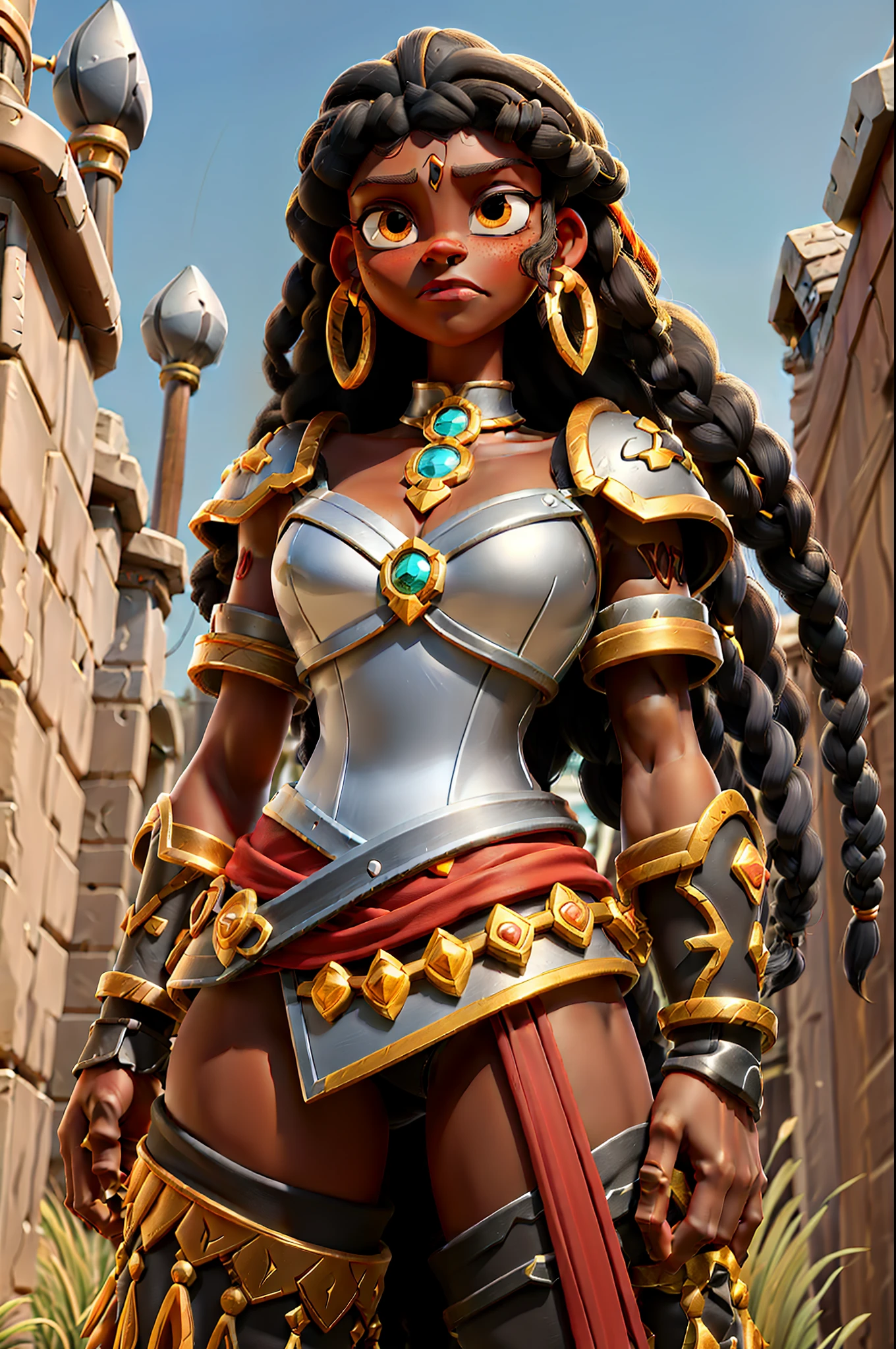 Black princess, dark skin,ager,black hair,long dreadlocks,3d,warrior princess,mangual at the tip of braids, dressed in silver armor with red jewelry, honey colored eyes, video game style, dark dungeon, dynamic battle pose, mangual.