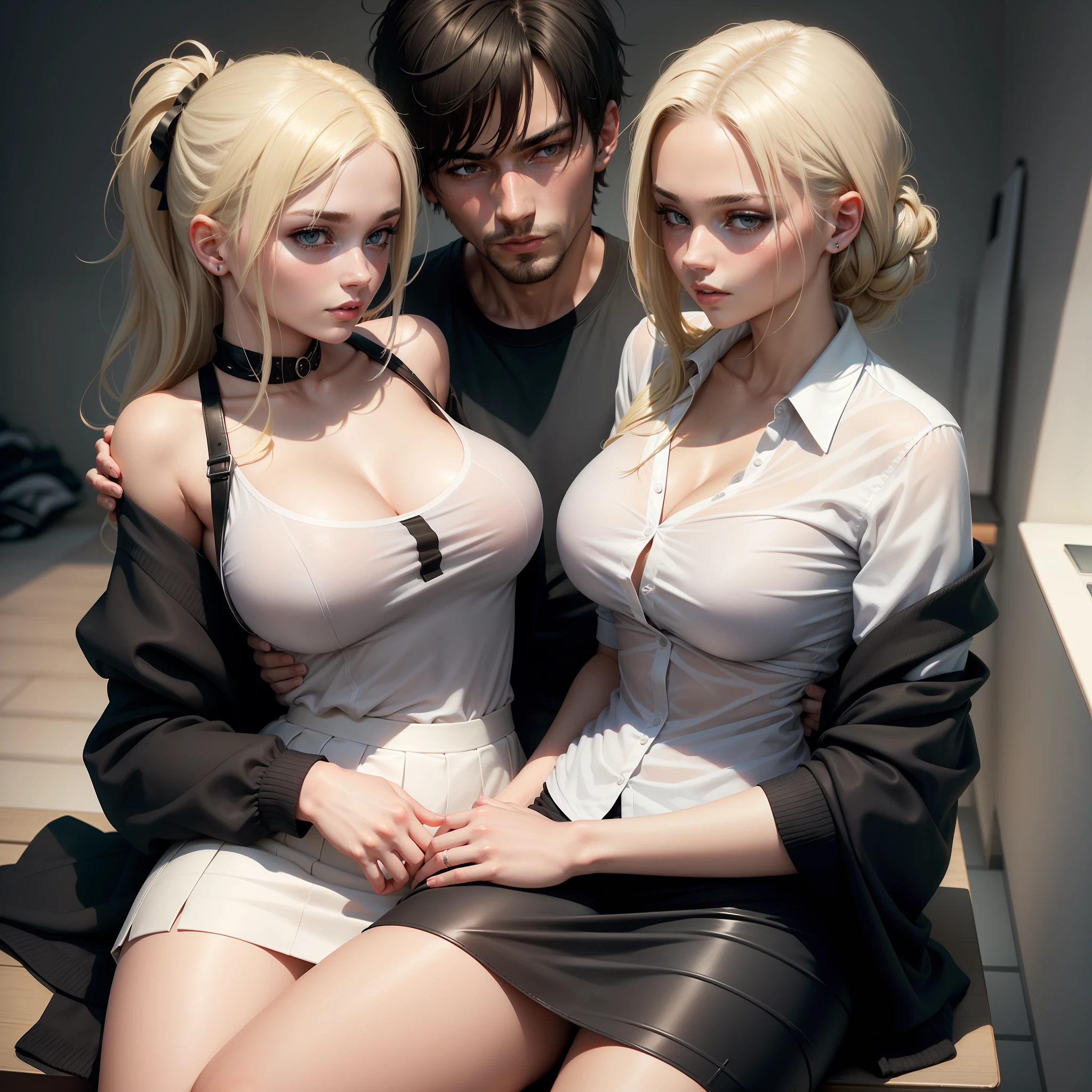 Photorealism, ((high resolution)), image quality, woman sitting on her boyfriend's lap, woman with black and blonde hair, sitting on her lap, pointed, white short shirt, large breasts, short skirt, (((on lap))), girlfriend, boyfriend