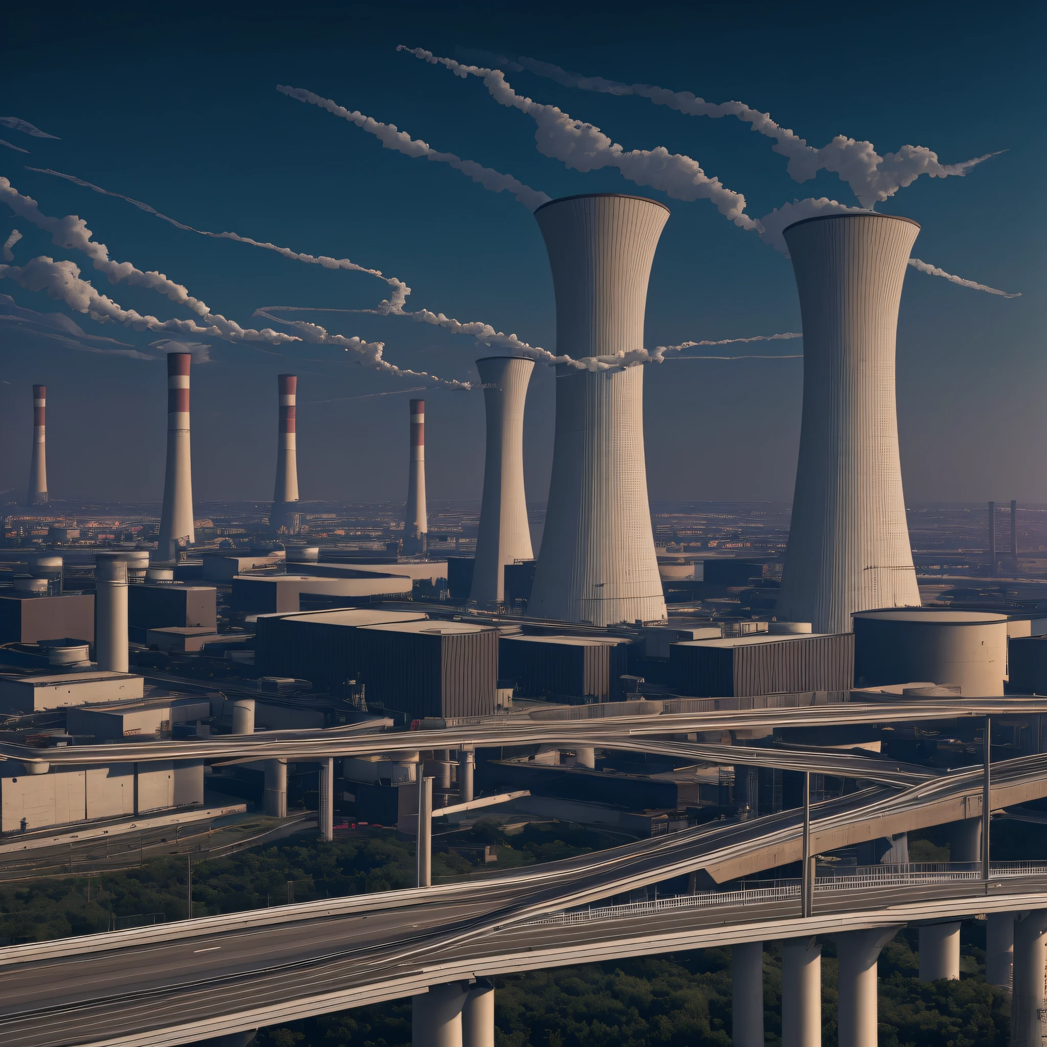 High-altitude roads, people soaring, industrial thermal power plants in the distance, and two cooling towers soar into the sky. The building is covered with light strips, and there are many spaceships, speeding motorcycles and pedestrians around the building. --auto --s2