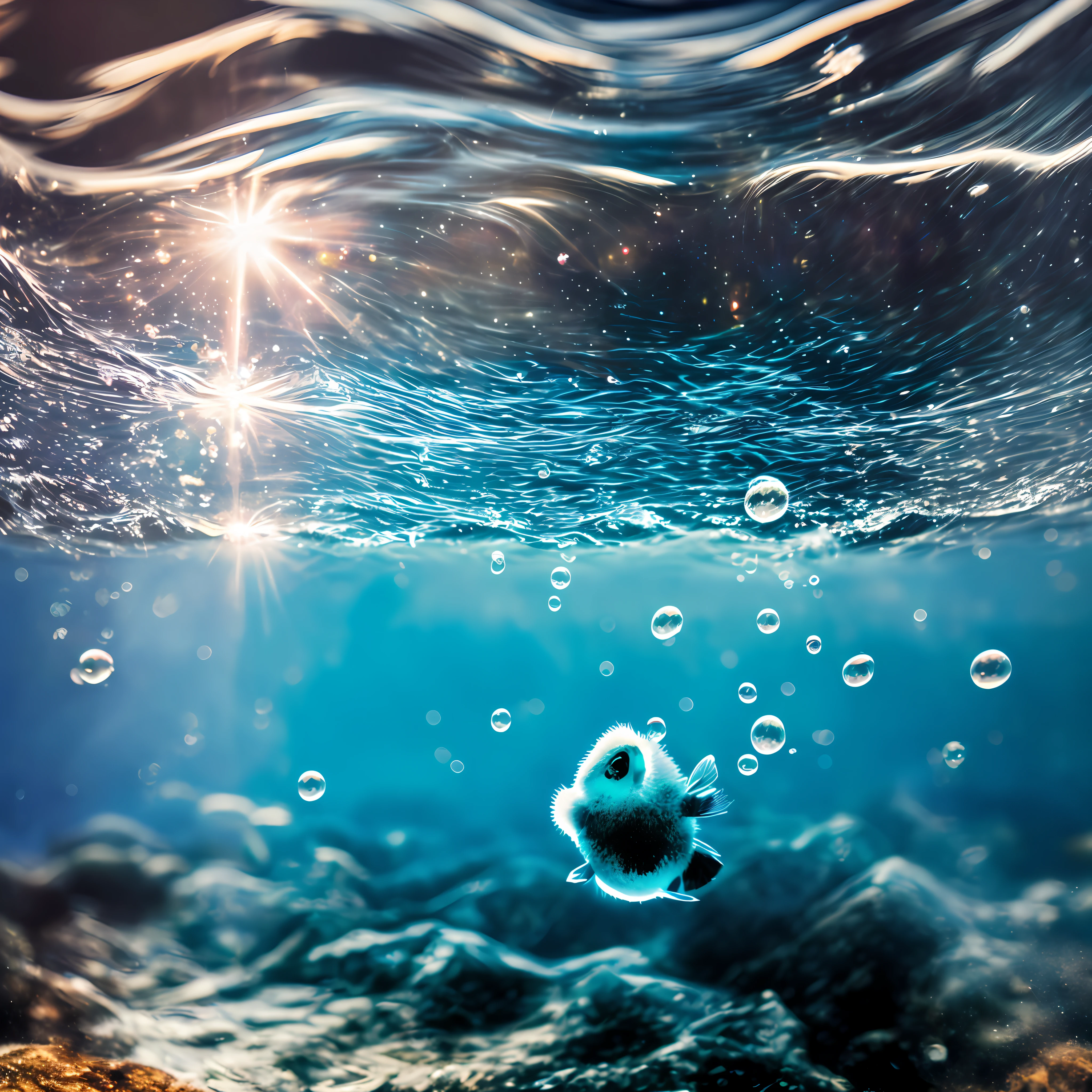 Epic Movie Poster, Bubbles, (Partially Submerged Shot: 1.2), (Waves: 0.9), Trends on Art Station, Very Detailed, Fine Detail, Intricate, (Lens Flare: 0.9), (Backlight: 0.9), (Flare: 0.9), [Style-Micro :: 10]