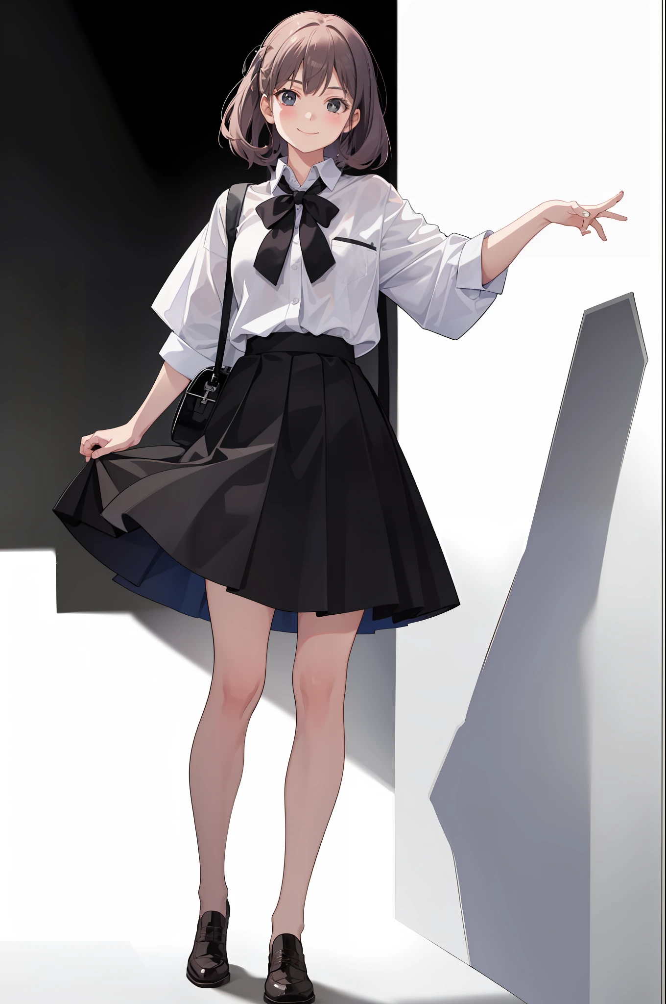 1 girl, smile, shirt, skirt, (small) chiralism,