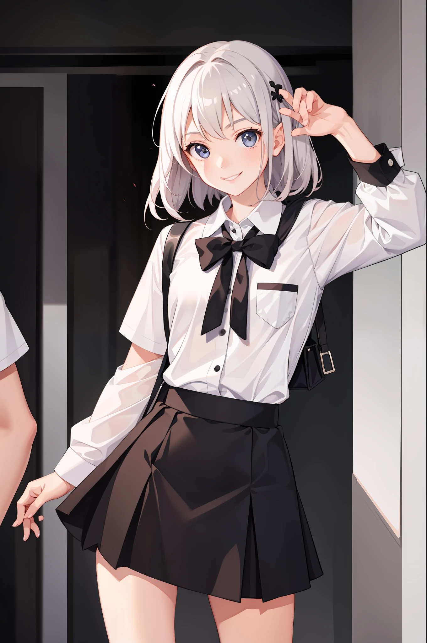 1 girl, smile, shirt, skirt, (small) chiralism,