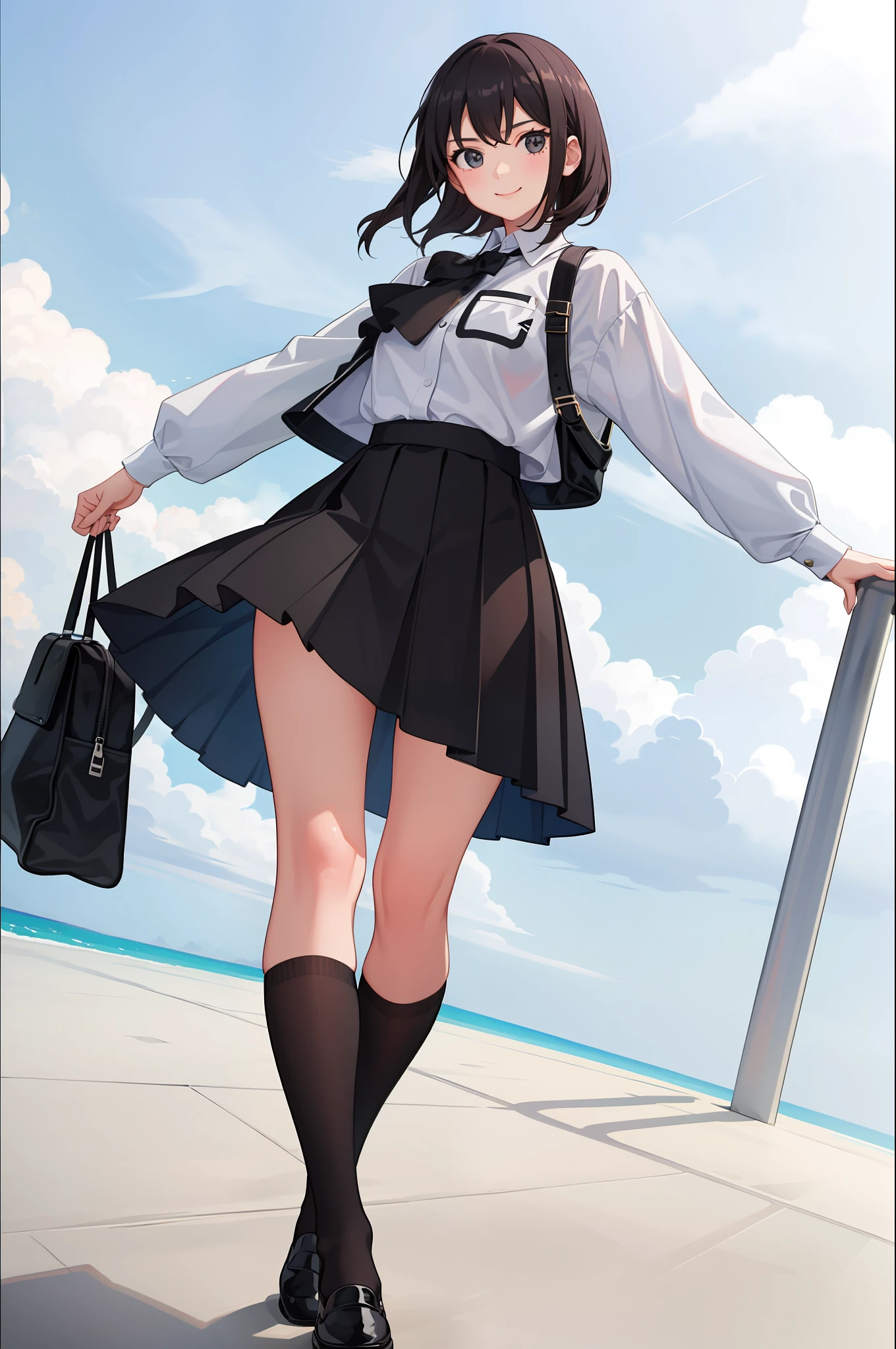 1 girl, smile, shirt, skirt, (small) chiralism,