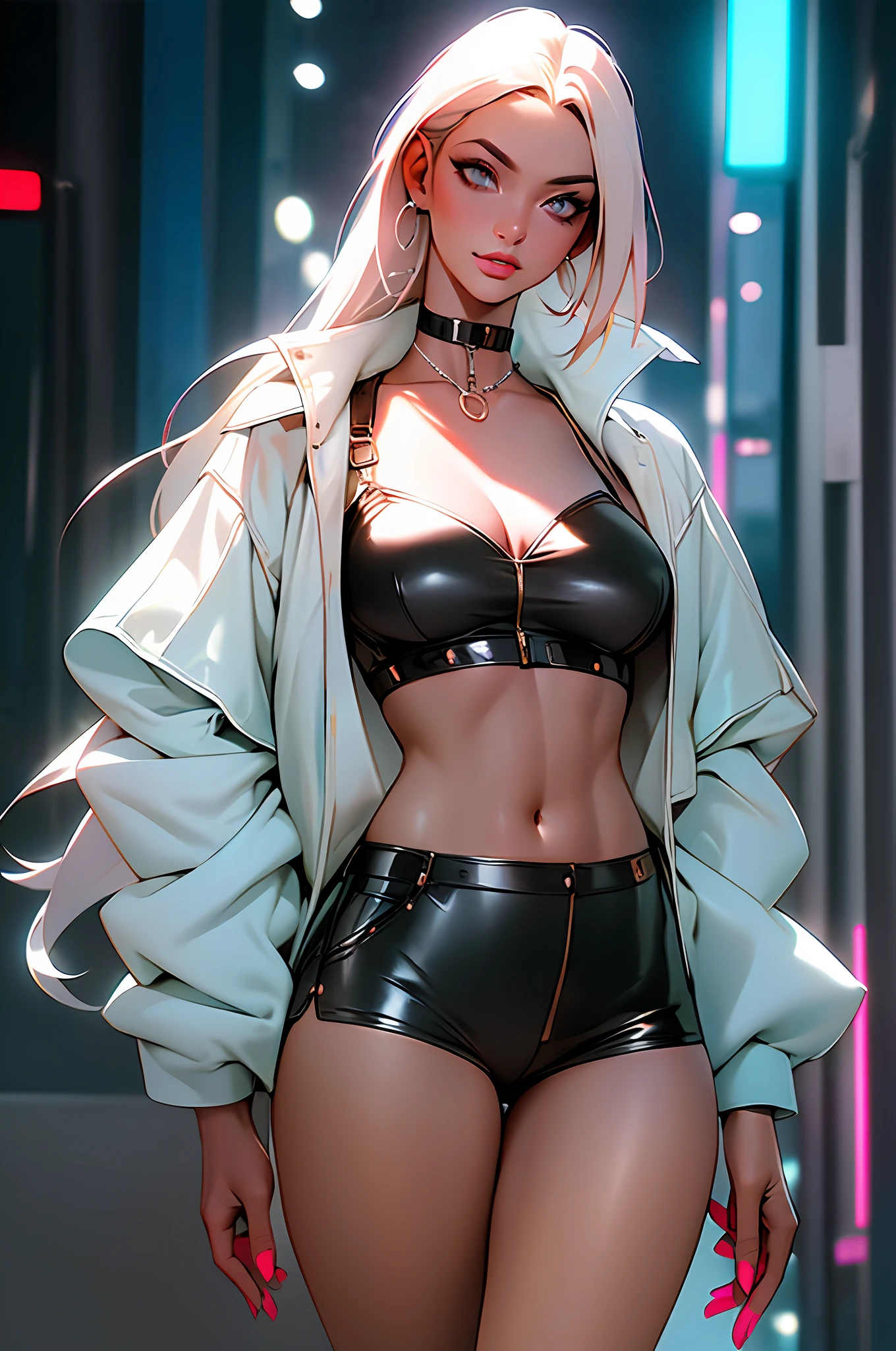 best quality, masterpiece, highres, vibrant colors, ambient lighting, portrait of 1girl, solo, beautiful, tall, mature, cool, edgy, rich, modern, sexy, attractive, cropped top, transparent vinyl jacket, shorts, choker, long hair, cleavage, boobs, midriff, beautiful background, dystopian futuristic, city, street, neon lights, artistic, award winning, trending on artstation