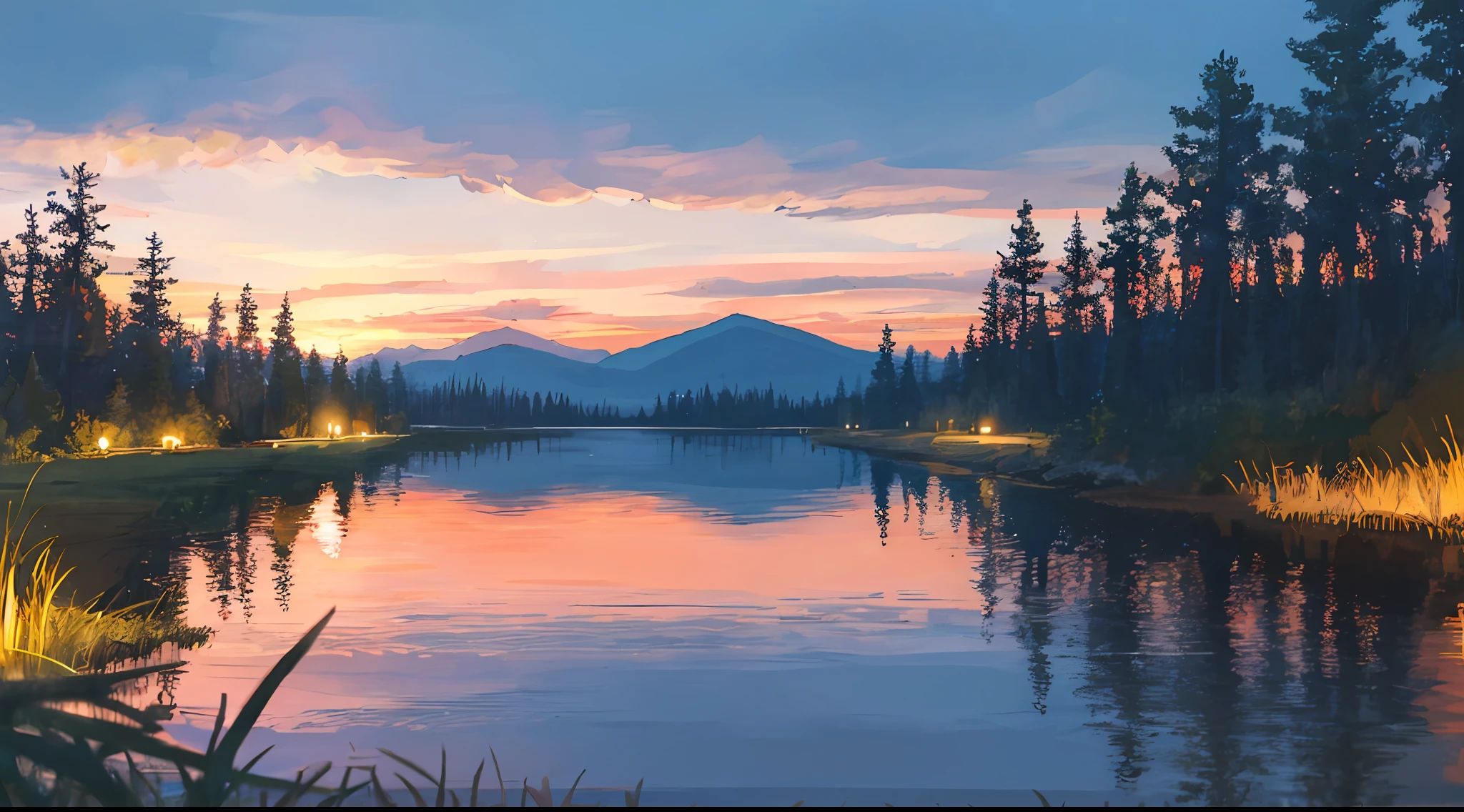 Masterpiece, best quality, depth of field, night, sky, sunset, glow, lake, hill, tree