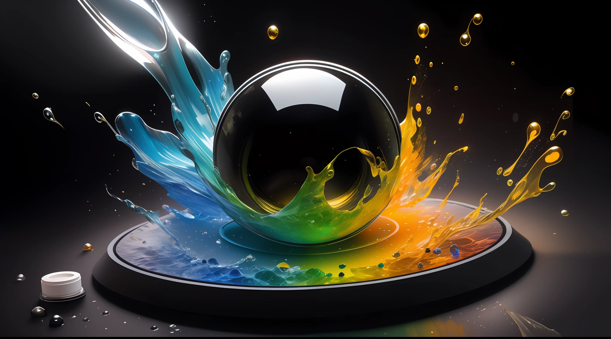 ((fisheye)), (translucent glass material), colored paint explodes in all directions, has a 3D effect, splashes of paint, pure black background