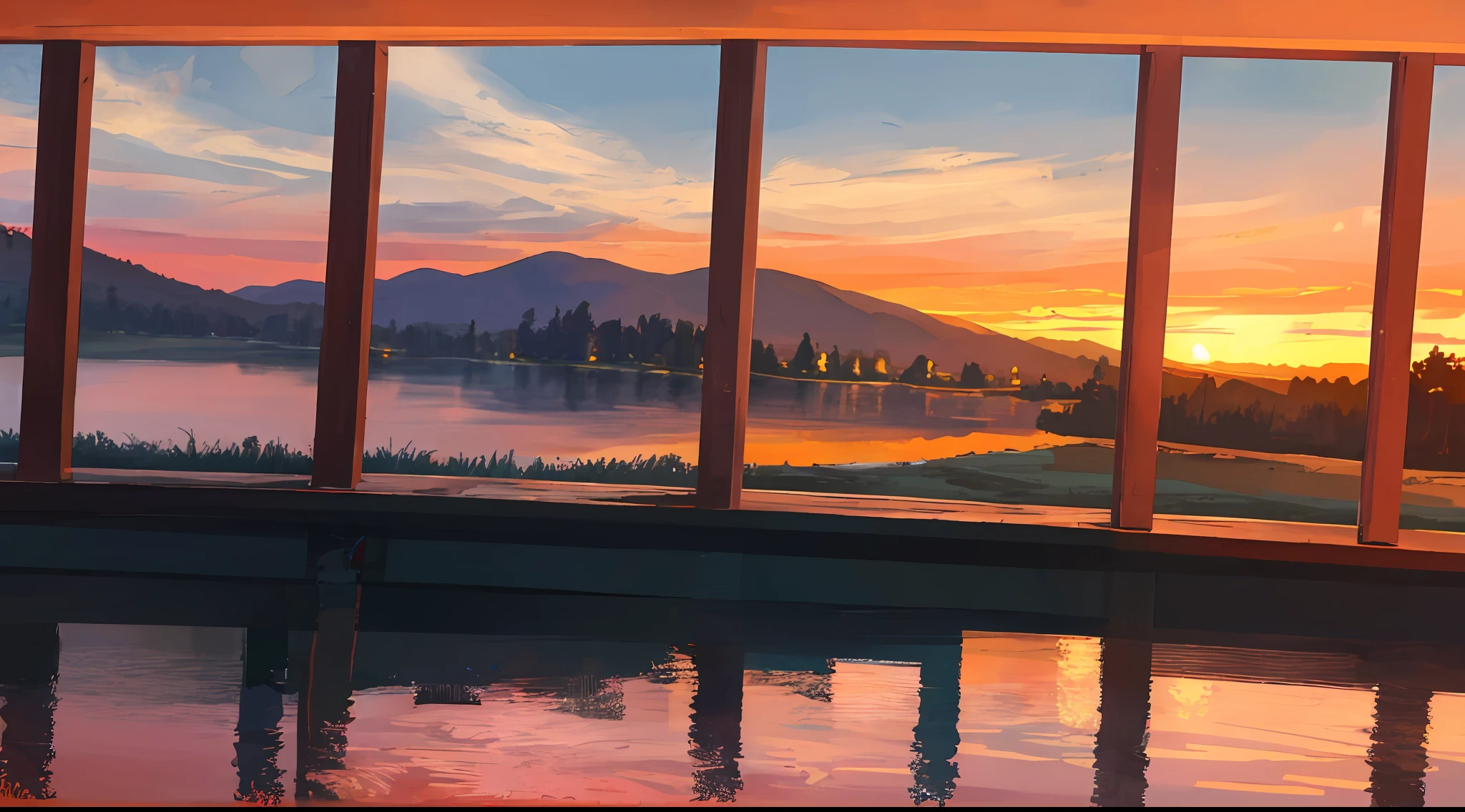 Masterpiece, best quality, depth of field, night, sky, sunset, glow, lake, hill, tree