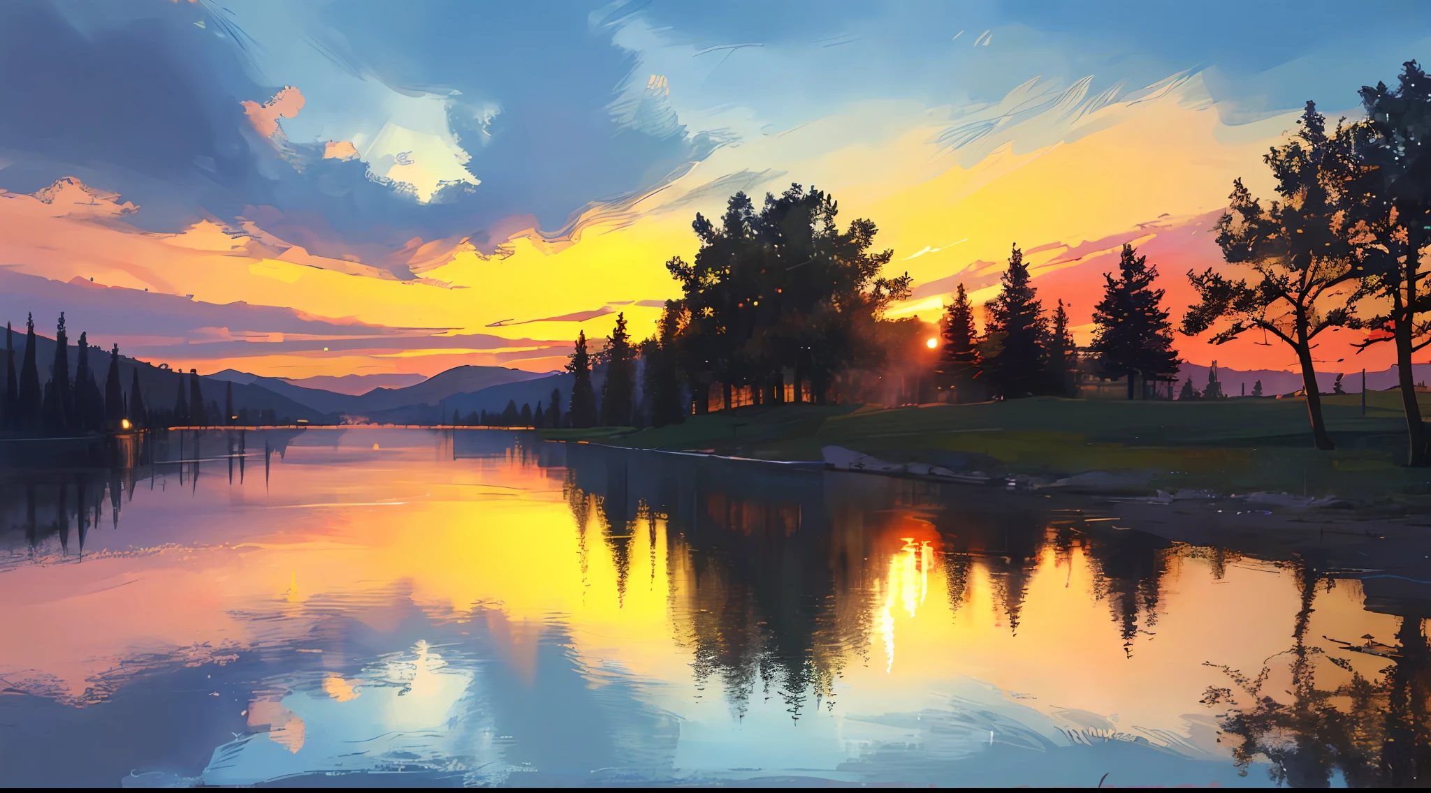 Masterpiece, best quality, depth of field, night, sky, sunset, glow, lake, hill, tree