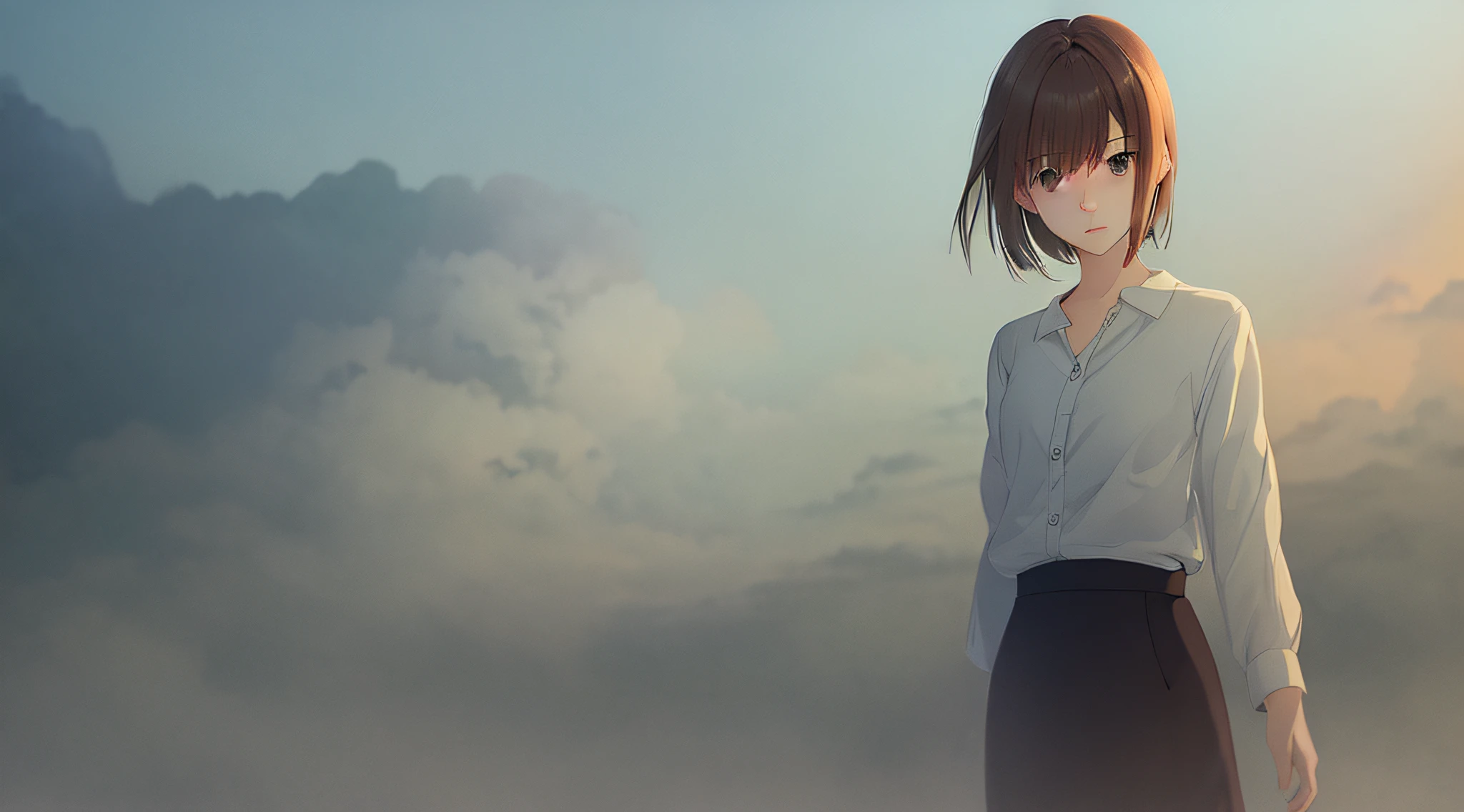 Detailed and perfect anime style illustration, brown short hair, very cute young woman, female focus, solo, upper body, wearing gray shirt, gray long skirt. Daydream, dramatic and fantastic foggy mysterious background, background blurred, dramatic lighting Makoto Shinkai