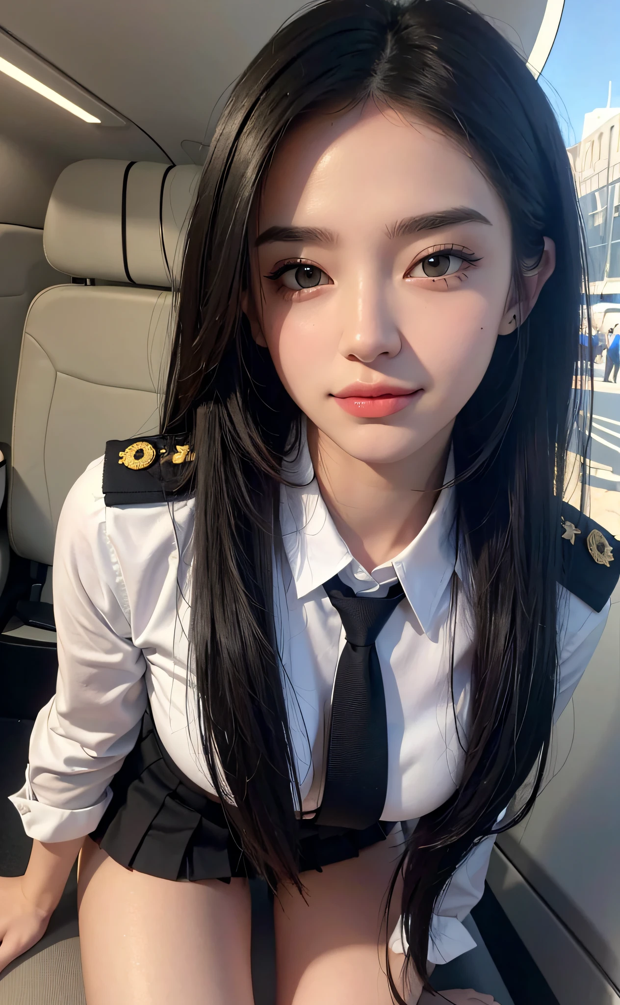 (Best Quality, 8K, Masterpiece: 1.3), (Ultra Real), (Illustration), (High Resolution), (8K), (Very Detailed), (Best Illustration), (Beautiful Detail Eyes), (Best Quality), (Ultra Detailed), (Masterpiece), (Wallpaper), (Detailed Face), Smile, Pure Sweet, (Long Black Hair), Highly Detailed Face and Skin, Airplane, 1 Girl, Tight Uniform, Miniskirt, Tie, Saturated Light, Edge Lighting, Backlight, Movie, Full Body Photo