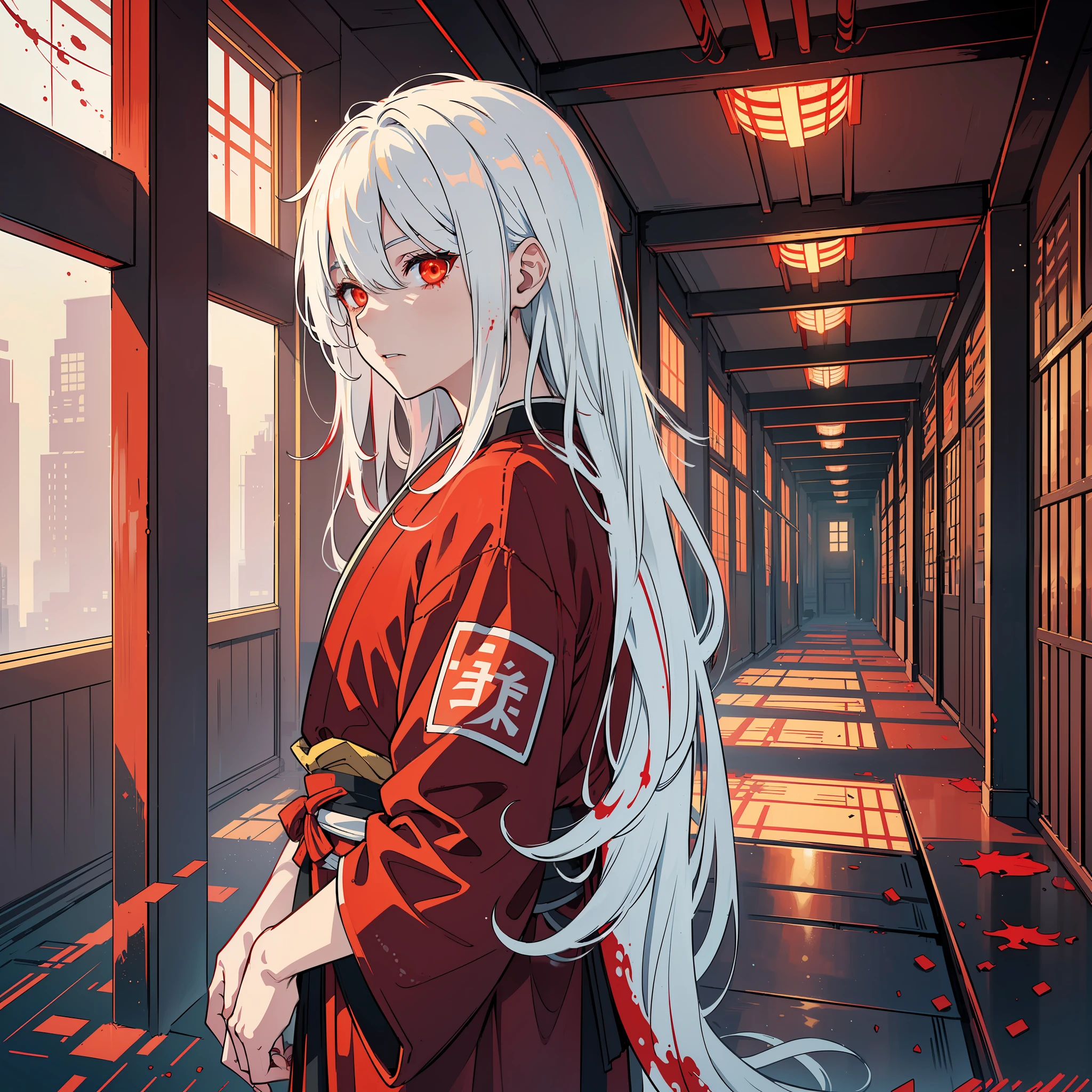 (best quality:1.4), (best lighting), (best artist:1.3), (best desinger), (best scenario), (1boy:1.4), long white hair, (shimmering red glowing eyes:1.2), cinematic lighting, abandoned place scenery background, wearing old samurai robes (with a few blood splatters:1.1)