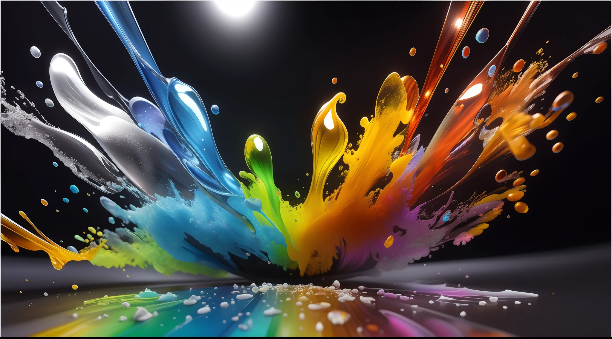 (translucent glass material), colored paint explodes in all directions, has a 3D effect, splashes of paint, ((fisheye)), pure black background