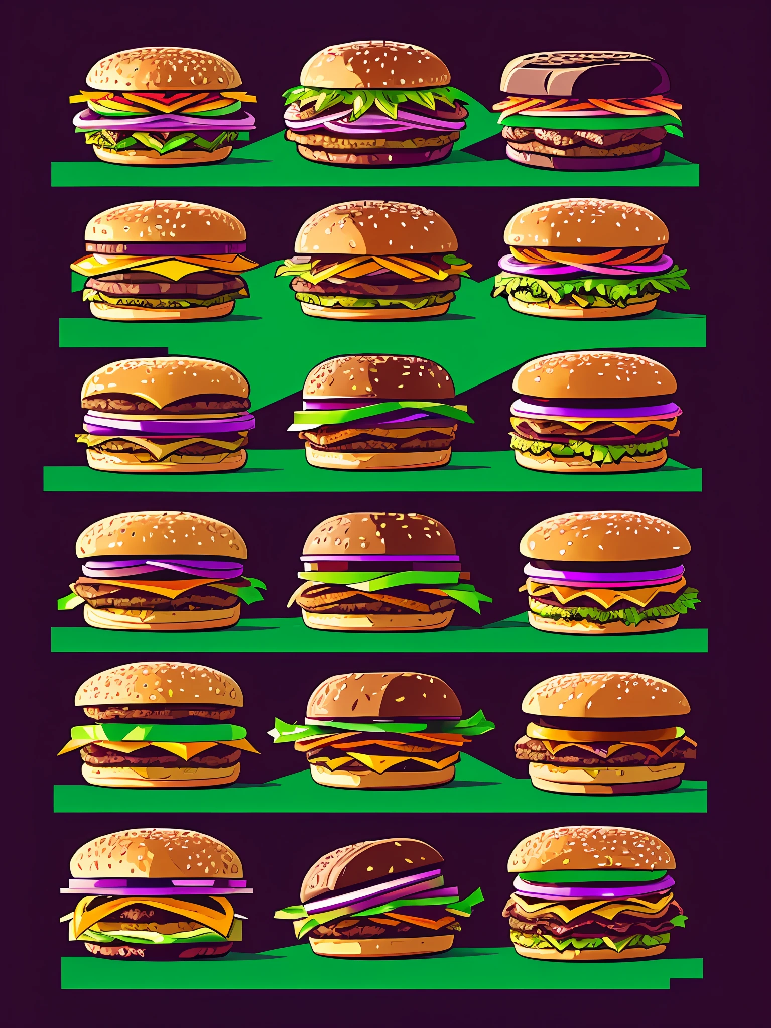 10 different hamburgers in LazrPopAI style,pixel art,2d,modern,minimalist, using green and purple colors, vibrant colors, minimalist