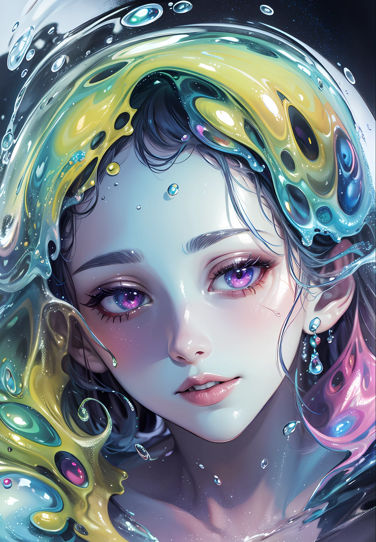 Super photorealistic, super nymphomaniac, colorful, slime, melting body, super detailed, super detailed, soft light