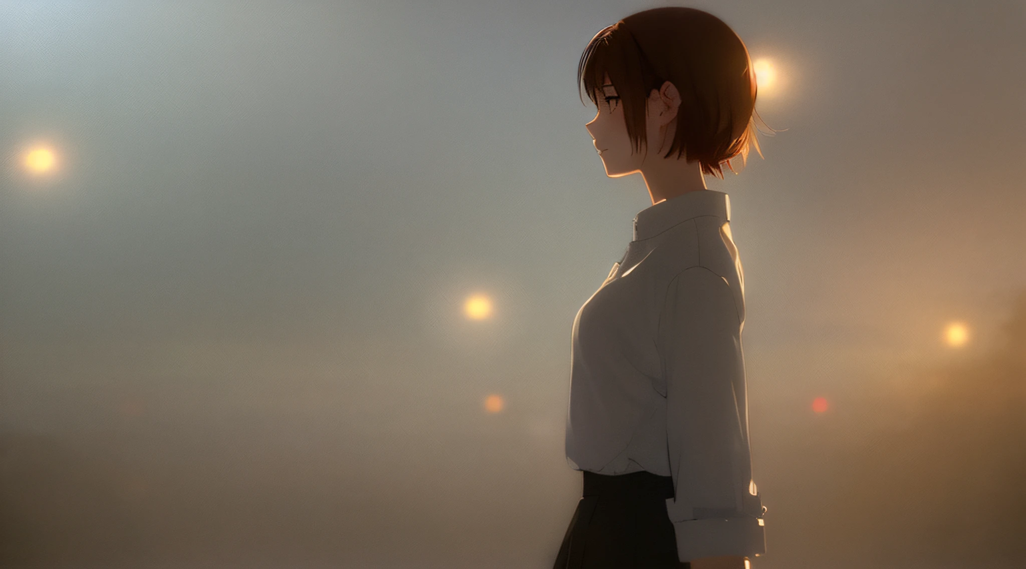 Detailed and perfect anime style illustration, brown short hair, very cute young woman, female focus, solo, upper body, wearing gray shirt, gray long skirt. Daydream, dramatic and fantastic foggy mysterious background, background blurred, dramatic lighting Makoto Shinkai