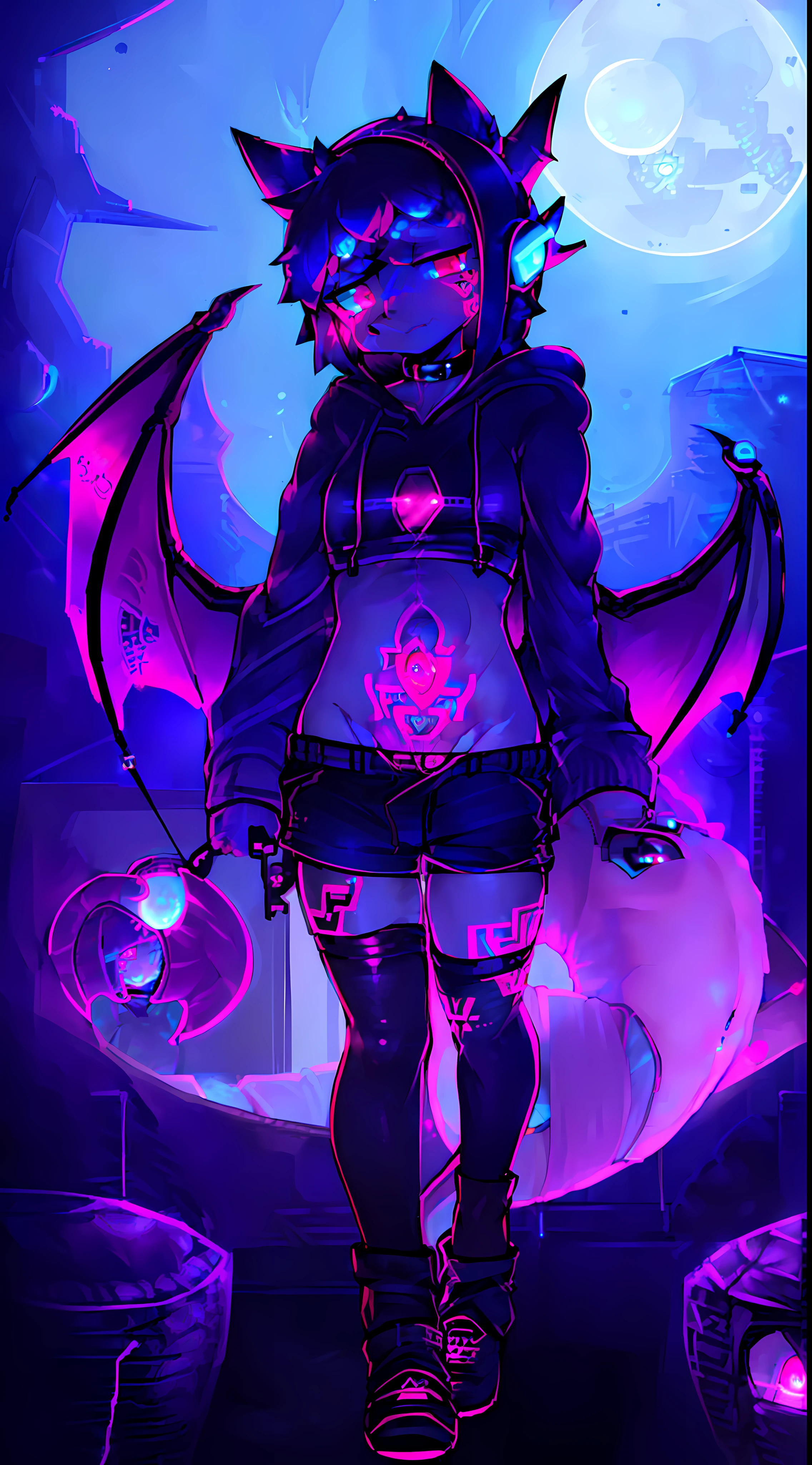 Black Fox, (White Body:1.3), (((masterpiece))), collar, (( Dragon Wings:1.45)), (headphones:1.4), short hair, black hair, blush, (headphones:1.55), ((Thigh High Socks, Femboy Clothing, Femboy Thigh Highs:1.2)), ((a blue eye left, a pink eyes right:1.55)), (((Femboy))), full body, ((womb tattoo, glowing tattoo:1.52)), ((guy look like women:1.52)), (fox tail:1.52), Full HD, 8K, ((short pant, Hoodie crop:1.52)), ((underwear:1.45)), ((full moon, blue moon:1.45)) public indecency, (small breasts:1.35), (Trap:1.55), (shy:1.55), (keyhole:1.57), cyber city,