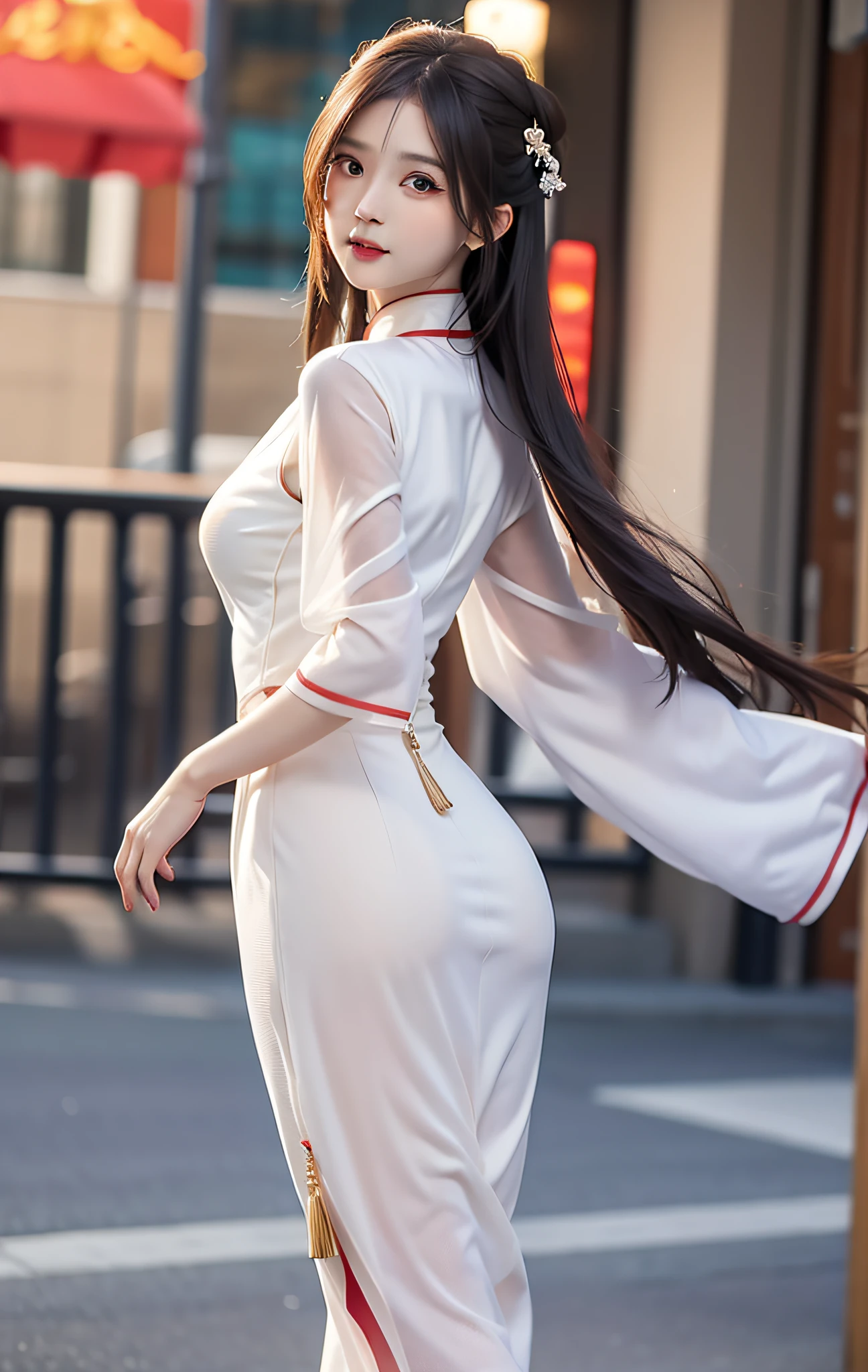 (Valencia:1 girl Girl), A Masterpiece, Bestquality, Raw Photo, lifelike, FACE, Incredibly ridiculous, beatiful girl,MAGIC, long long hair, depth of view, Highres, Hyperdetailed, finelydetail, RAWExtremely detailed, extremely detailed eyes and face, Sharp pupils, Realistic Pupils, Sharp focus, cinematic Lighting,fulllllbody,cheongsam,Big boob,Long leg,From Behind,Night street,dynamic poses