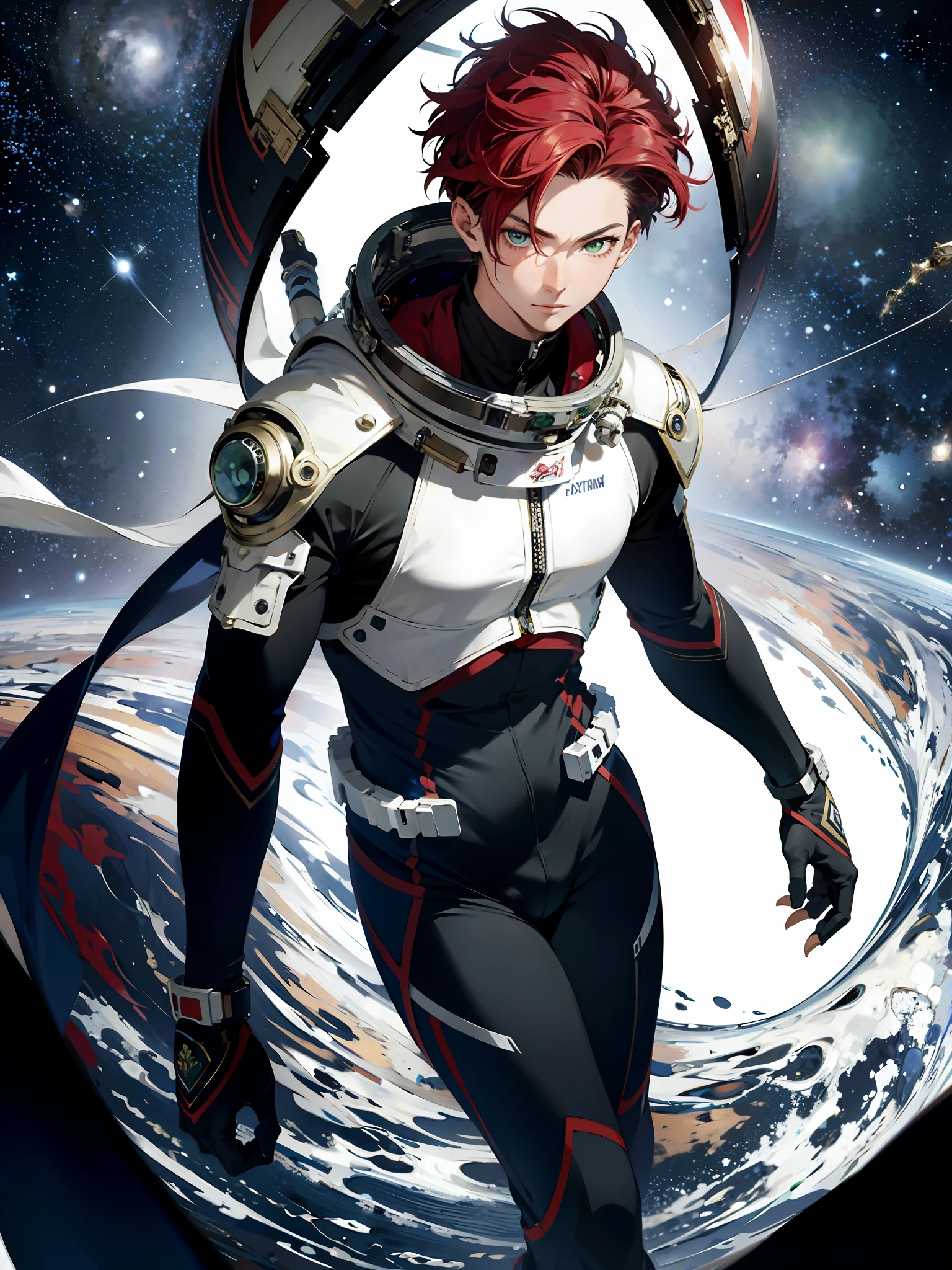 Absurd resolution, high resolution, (masterpiece:1.4), ultra-detailed, 1boy, seen from above, space, floating, spacesuit, red hair, green eyes