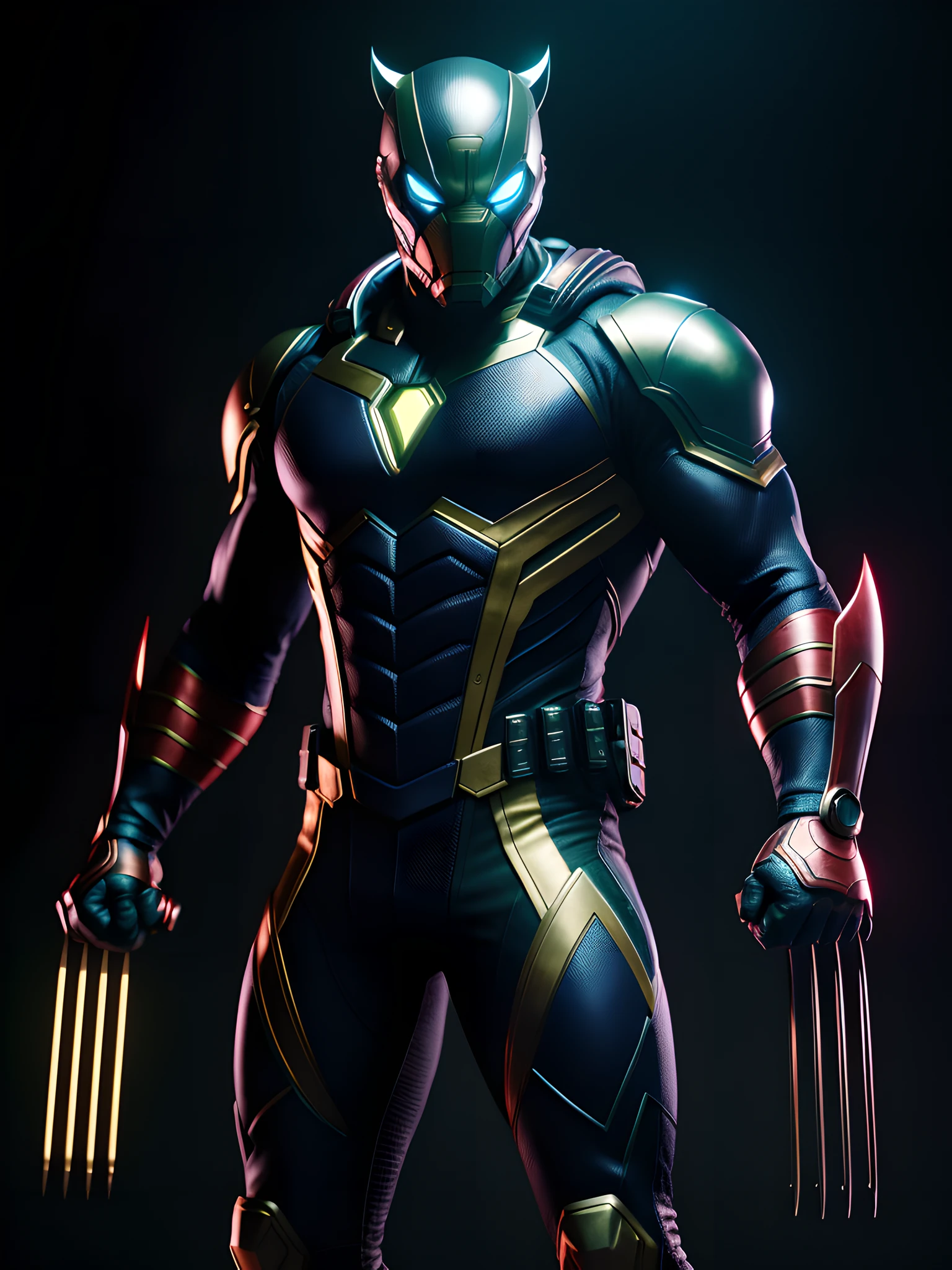 midjourny-v4 style, Professional Photoshot medium a Wolverine with highly detailed intricate cybernetics outfit, highly detailed beautiful face, standing in darkness with black particles surrounded the body, proportional body shape + perfect anatomy, symetrical dynamic pose, volumetric shadow, neon glowing dust particles effect + detailed particles, full hd render + 3d octane render + unreal engine 5 graphic 4k UHD + immense detail + dramatic lighting + well lit + intricate + fine details + octane render + Ray tracing + 8k + sharp focus + high vibran contrast, in the style Marvel style, trending on ArtStation