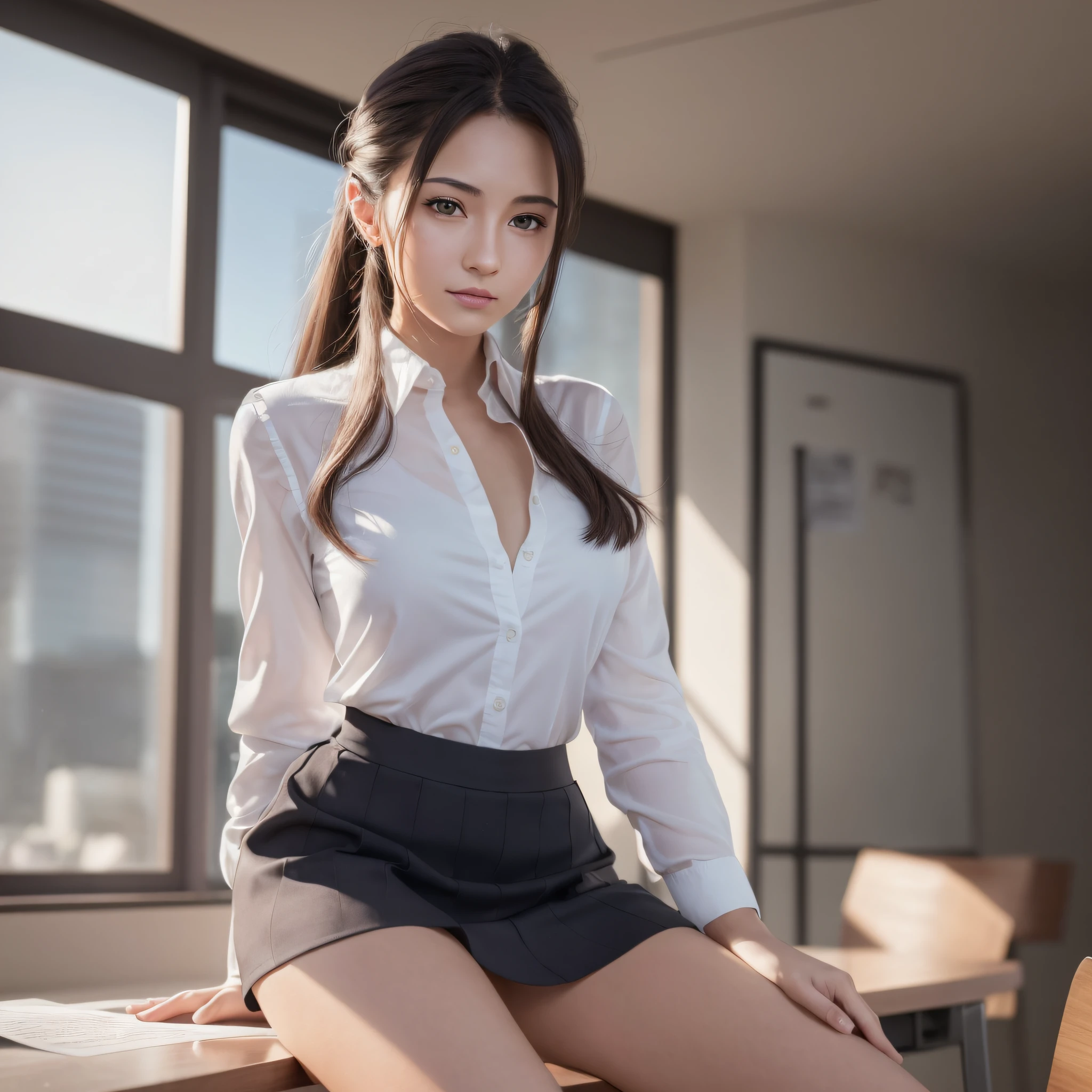 (8k, RAW photos, top quality, masterpiece: 1.2), super detail, ultra high resolution, (photorealistic, photorealistic photos: 1.37), portraits, high detail RAW color photos, professional photos, particle texture photos, very delicate and beautiful, very detailed, 8k wallpapers, amazingly detailed details, huge file size, highly detailed CG Unity 8k wallpapers, very detailed beautiful girl, very detailed face, very detailed eyes, very detailed skin, very detailed fingers, very detailed nose, no tie, no earring, business clothes, bank uniform, white blouse, blouse with collar, business vest, bright light blue vest, boole check, 1 girl, (25 years old: 1.2), 20s, cute girl, realistic body, light makeup, very small mouth, thin lips, no eye makeup, rough skin, slender body, dark hair, smile, cute face, ponytail, hair behind the ears, facial pores, realistic face, delicate eyes, drooping eyes, looking forward, standing pose, contra, cowboy shot, alafed woman sitting on desk, graceful legs, long thin legs, thighs and skirt, long legs, standing in class, very beautiful slim legs, Very beautiful long slim legs, sitting on desk, office clothes, nice legs, good waist and long legs, beautiful legs, surreal schoolgirl, cleavage, big, round breasts in front --auto --s2