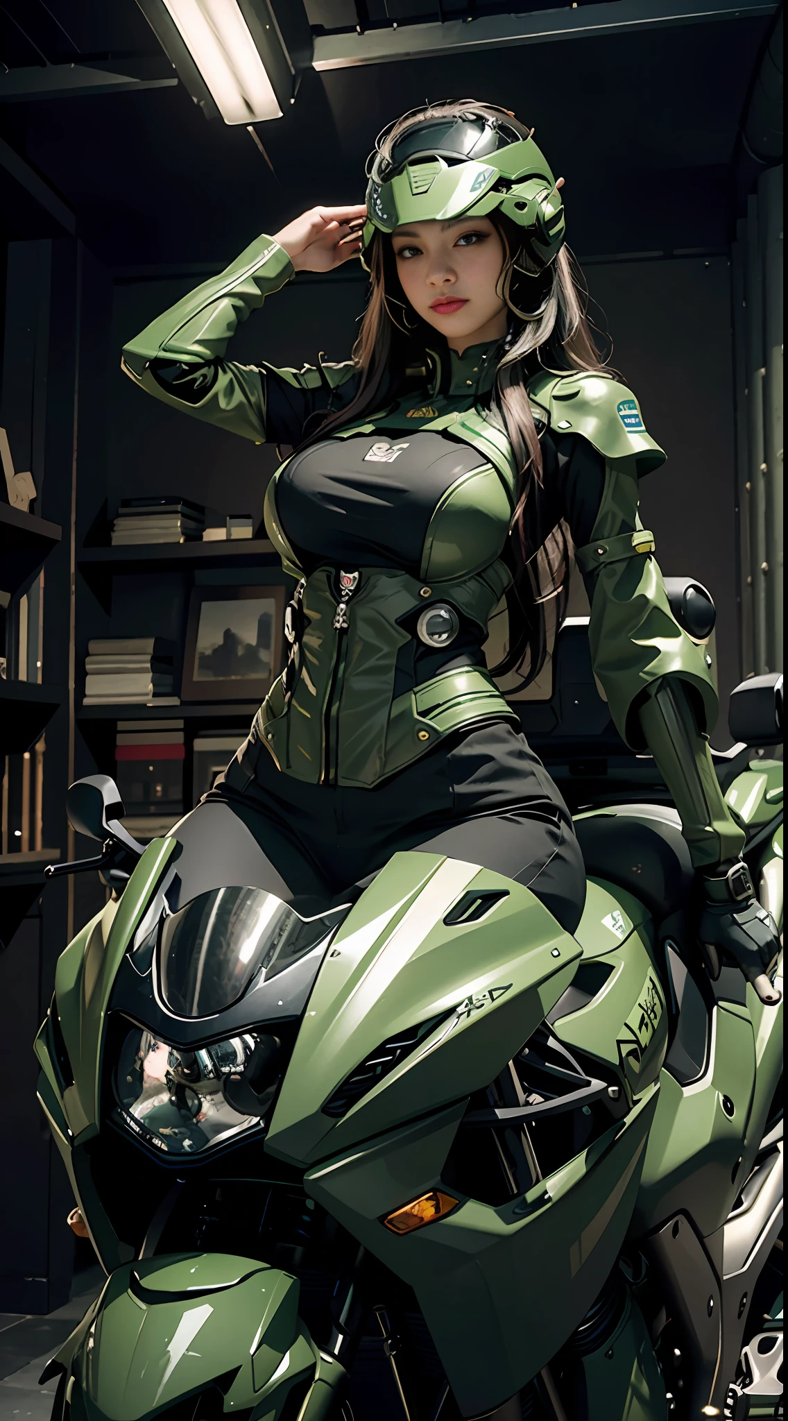 Highest image quality, outstanding details, ultra-high resolution, (realism: 1.4), the best illustration, favor details, highly condensed 1girl, with a delicate and beautiful face, huge boobs, dressed in a black and green mecha, wearing a mecha helmet, holding a directional controller, riding on a motorcycle, the background is a high-tech lighting scene of the future city.