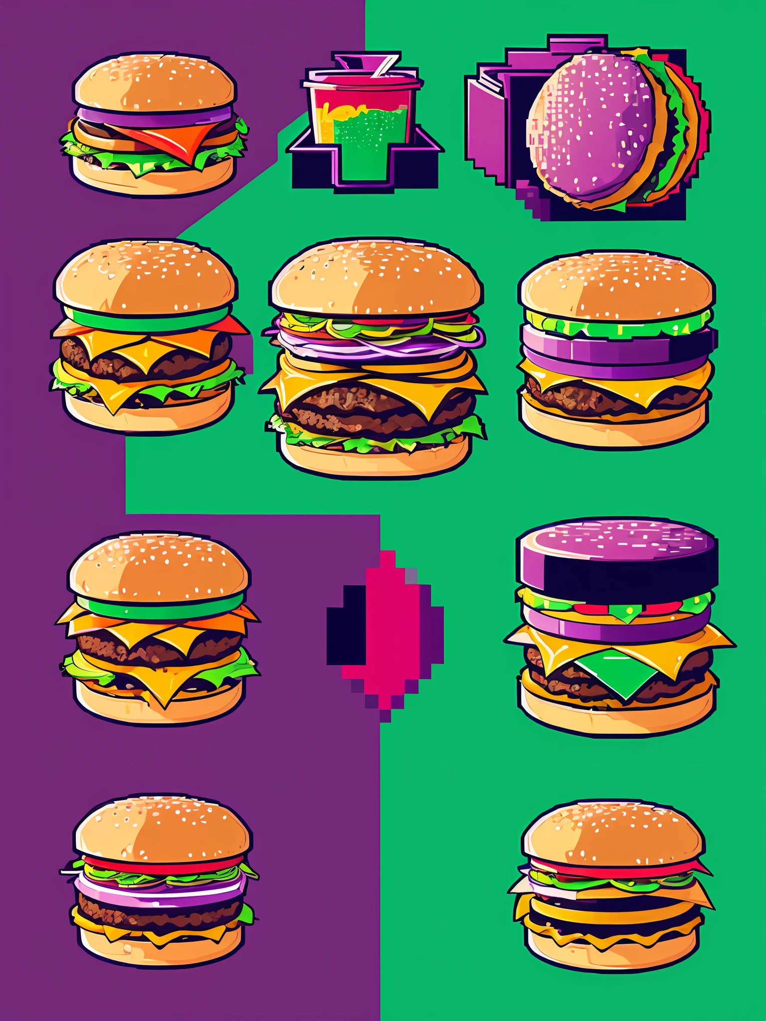 A double cheeseburger in the style LazrPopAI,pixel art,2d,modern,minimalist, using the colors green and purple, vibrant colors, minimalist