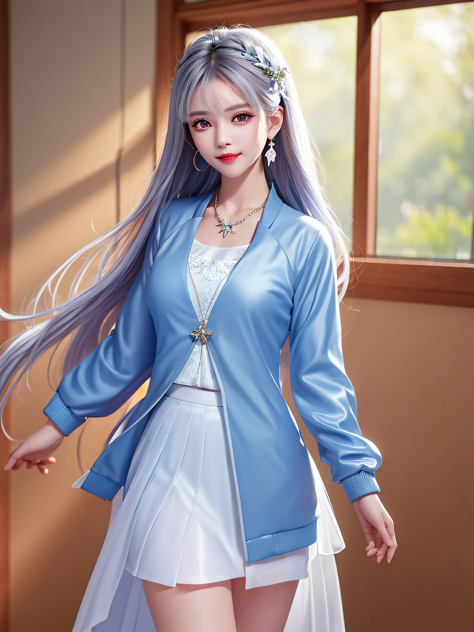 Female Teacher Standing in Classroom v6, Necklace, Earrings, Full Body V6, Long Gray Hair, Translucent Clothes, Looks (Dark Blue Jacket, White Sheer Skirt Slit), Superb (Dark Blue Jacket, White Sheer Skirt Slit), Superb Look, Ultra High Definition, RAW Photography, Realism 1.25), (Bright Lip Gloss, Long Eyelashes, Smooth) Face, Bright Skin, Natural Shadows, Wide Light, Wide Light, Depth of Field, Strong Colors, Subtle Caustics: 0.8), Smile, (Big), V6