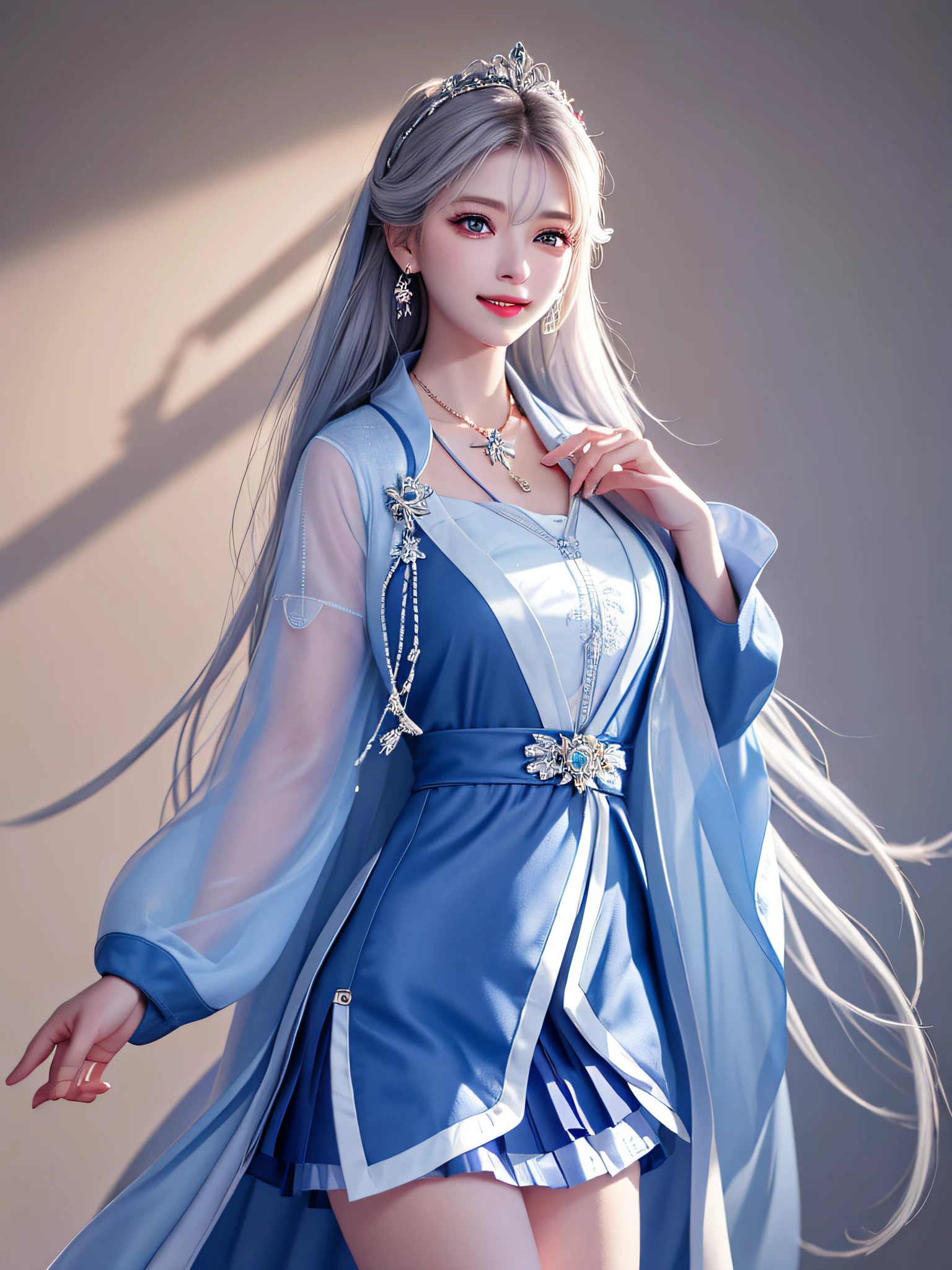 Female Teacher Standing in Classroom v6, Necklace, Earrings, Full Body V6, Long Gray Hair, Translucent Clothes, Looks (Dark Blue Jacket, White Sheer Skirt Slit), Superb (Dark Blue Jacket, White Sheer Skirt Slit), Superb Look, Ultra High Definition, RAW Photography, Realism 1.25), (Bright Lip Gloss, Long Eyelashes, Smooth) Face, Bright Skin, Natural Shadows, Wide Light, Wide Light, Depth of Field, Strong Colors, Subtle Caustics: 0.8), Smile, (Big), V6