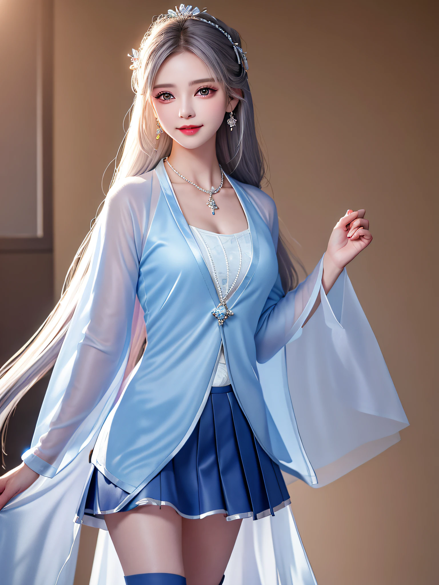 Female Teacher Standing in Classroom v6, Necklace, Earrings, Full Body V6, Long Gray Hair, Translucent Clothes, Looks (Dark Blue Jacket, White Sheer Skirt Slit), Superb (Dark Blue Jacket, White Sheer Skirt Slit), Superb Look, Ultra High Definition, RAW Photography, Realism 1.25), (Bright Lip Gloss, Long Eyelashes, Smooth) Face, Bright Skin, Natural Shadows, Wide Light, Wide Light, Depth of Field, Strong Colors, Subtle Caustics: 0.8), Smile, (Big), V6