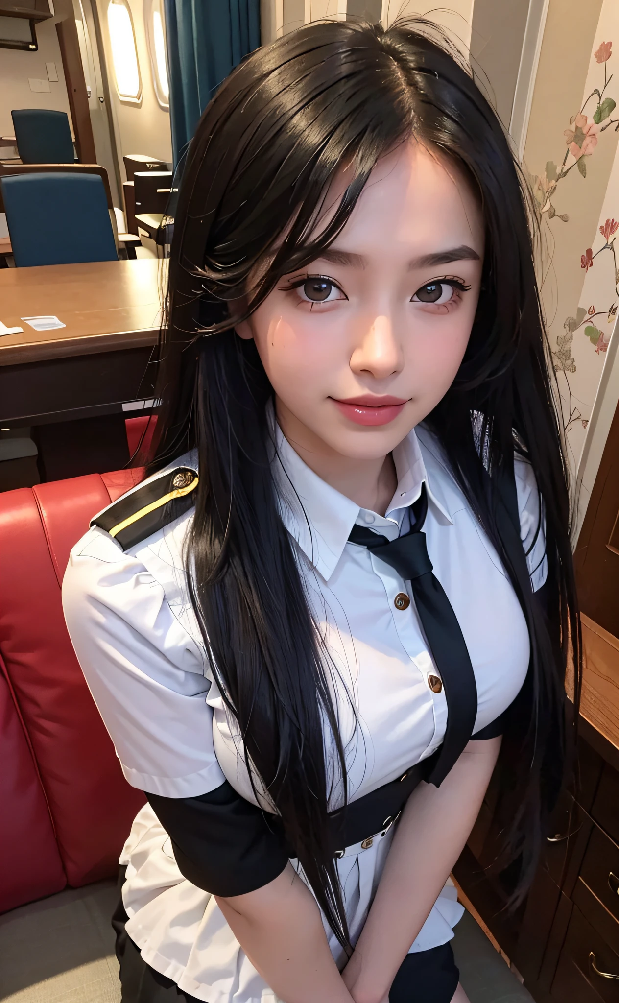 (Best Quality, 8K, Masterpiece: 1.3), (Ultra Real), (Illustration), (High Resolution), (8K), (Very Detailed), (Best Illustration), (Beautiful Detail Eyes), (Best Quality), (Ultra Detailed), (Masterpiece), (Wallpaper), (Detailed Face), Smile, Pure Sweet, (Long Black Hair), Highly Detailed Face and Skin, Airplane, 1 Girl, Tight Uniform, Miniskirt, Tie, Saturated Light, Edge Lighting, Backlight, Movie, Full Body Photo