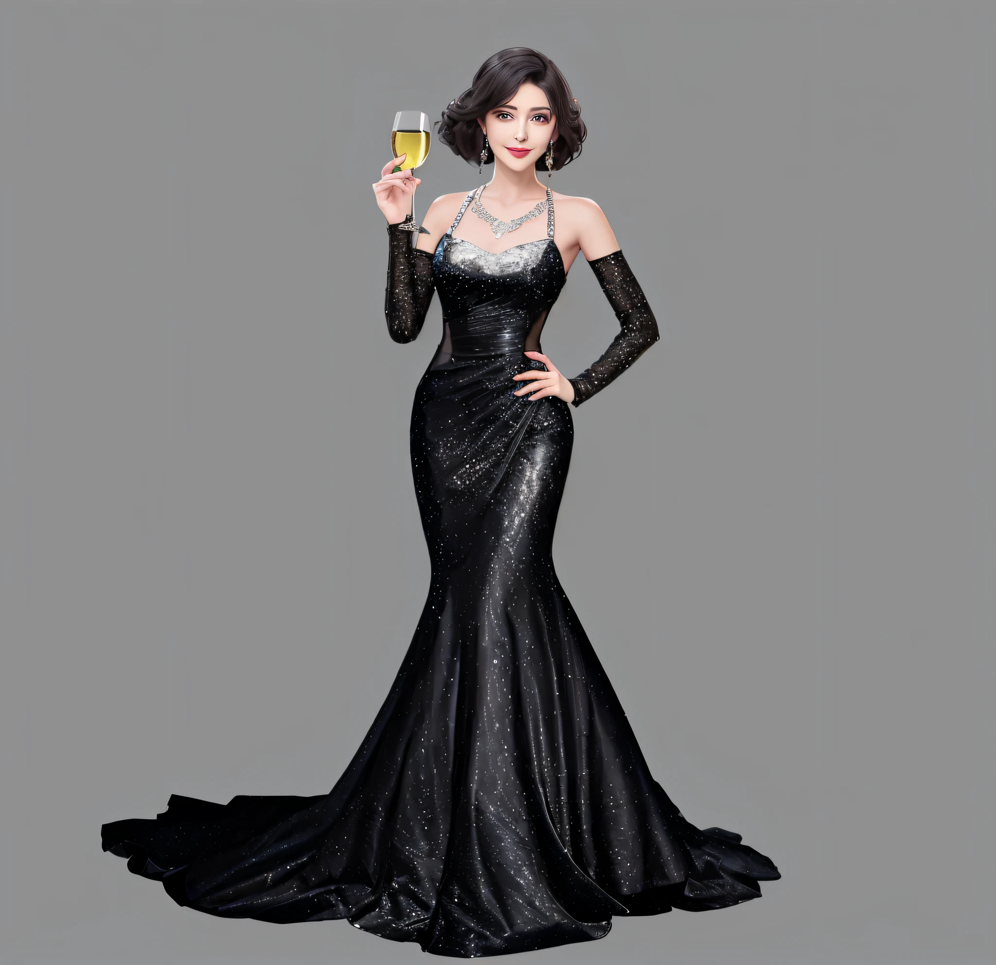 araffe dressed in a black dress holding a glass of wine, elegant glamor pose, digital art of an elegant, an elegant woman in black dress, sexy gown, elegant smiling pose, elegant cinematic pose, wearing an evening gown, emaciated black evening gown, standing elegant pose, long dress female, half-turned lady in evening gown