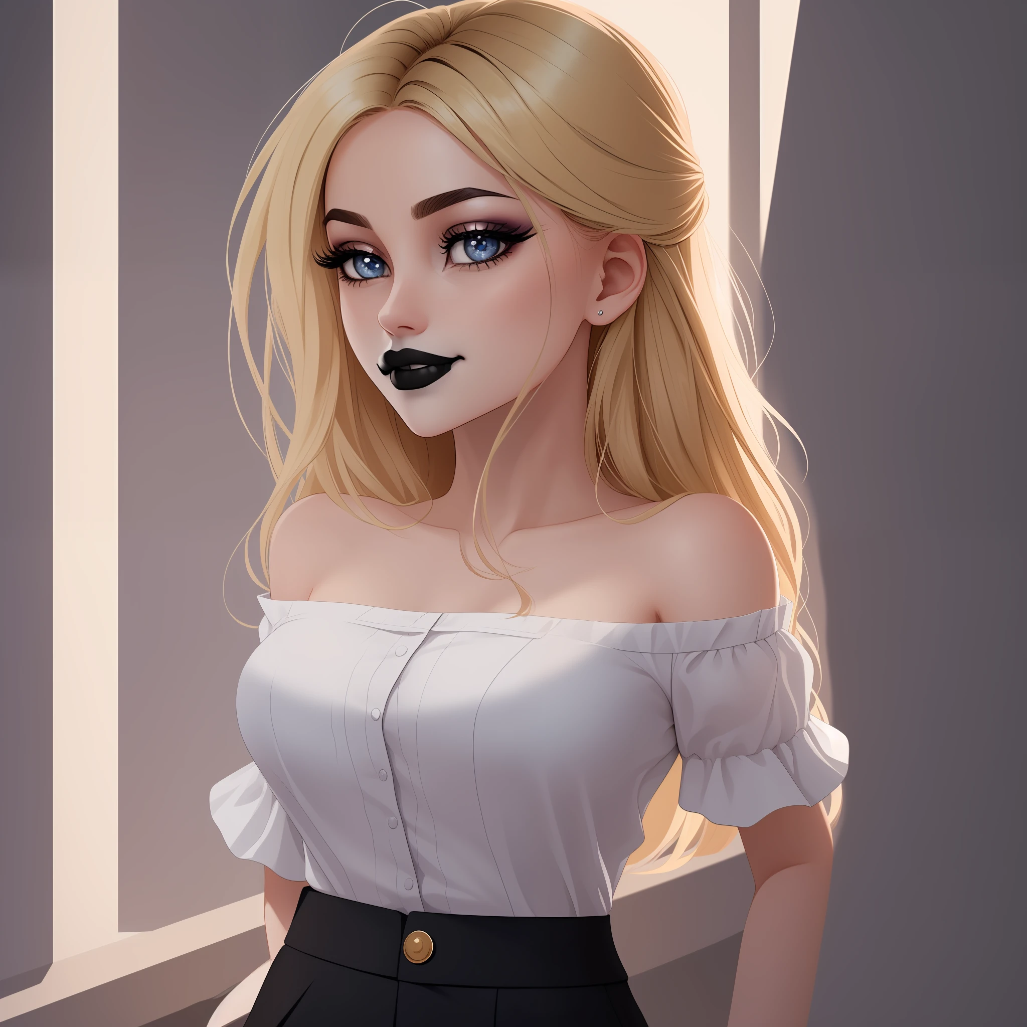 (masterpiece, best quality), (finely detailed beautiful eyes), (finely detailed eyes and detailed face), (scenery), (extremely detailed CG, ultra-detailed, best shadow), ((depth of field)), beautiful concept illustration, (illustration), (extremely fine and beautiful), (perfect details), cowboy shot, young woman, mid 20s, smile, happy, punk, ((golden blonde hair)), shoulder length hair, medium-long hair, Simple styling, sharp lines, Natural and elegant makeup, To make the skin shine and bring out a sense of transparency, goth makeup, mascara, Minimalism, monotone, simple color palettes, Clean, sharp designs, goth fashion, flowing silhouettes, black clothes, Tight skirts and pants, high-waisted skirts and pants, simple dresses, shirts and blouses, asymmetrical, geometric, Simple, minimal accessories, Distinctive designs, simple silhouettes, chic and mature impression, simple and sophisticated style, elegance, minimalism, high quality materials, ((Lavender eyes)), detailed lips, glossy lips, ((black lipstick)), D-cup breasts, best quality, masterpiece