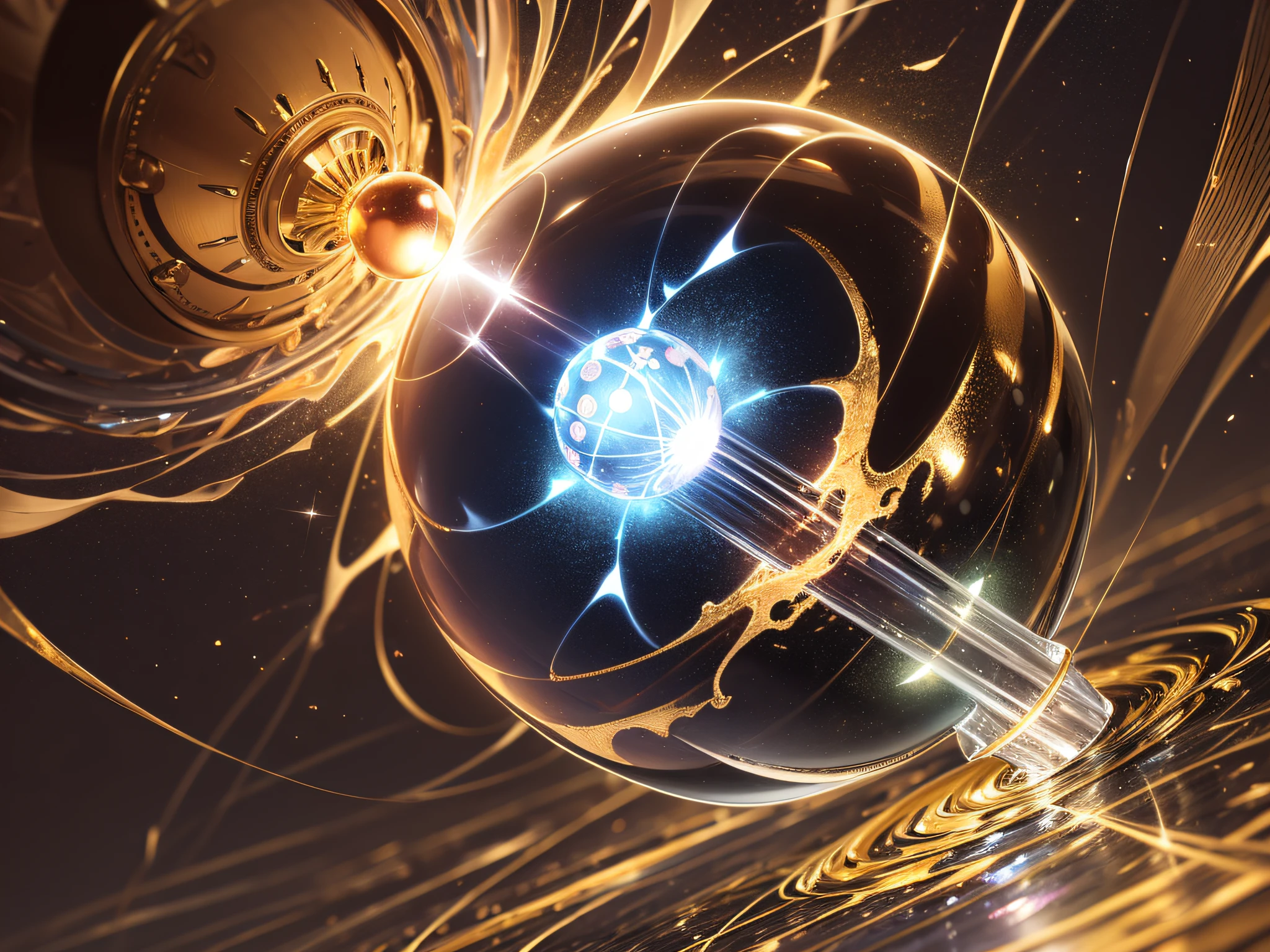 (high precision, precise detail), anime, high resolution, a ball glowing with golden light, crystal ball, crack, ancient magic, sky, lightning