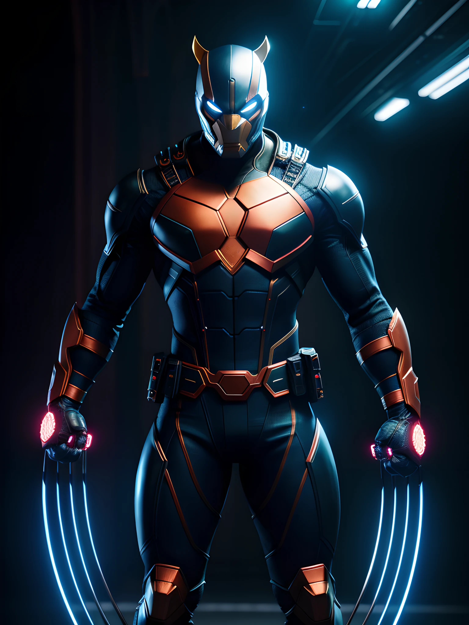 midjourny-v4 style, Professional Photoshot medium a Wolverine with highly detailed intricate cybernetics outfit, highly detailed beautiful face, standing in darkness with black particles surrounded the body, proportional body shape + perfect anatomy, symetrical dynamic pose, volumetric shadow, neon glowing dust particles effect + detailed particles, full hd render + 3d octane render + unreal engine 5 graphic 4k UHD + immense detail + dramatic lighting + well lit + intricate + fine details + octane render + Ray tracing + 8k + sharp focus + high vibran contrast, in the style Marvel style, trending on ArtStation