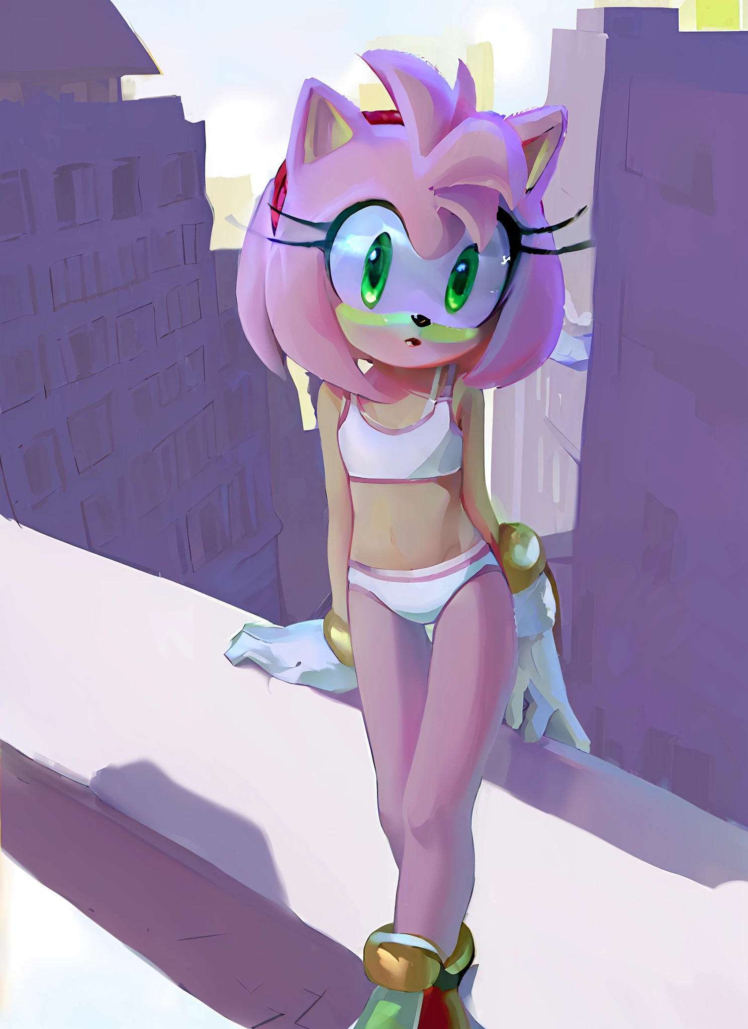 "(((masterpiece))),4k resolution,extremely delicate and beautiful,dynamic angle and pose,(1girl), animal nose,. Amy rose,withe sport bra, white panties, sfw, (( thin )),  girl, (( thin legs )), golden brasalet both arms, alone, looking at viewer, night, city background, on building roof, little breast