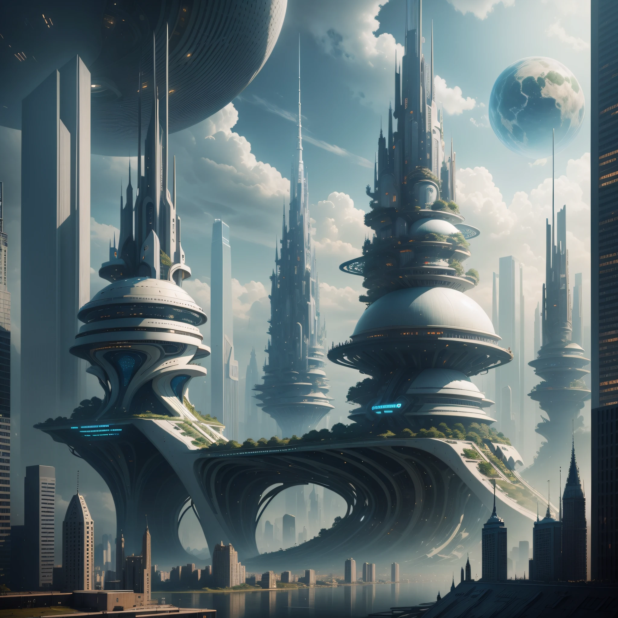 An impressive and futuristic city that seamlessly combines advanced tech with magic.(extremley detailed, 8k, flawless world, masterpiece,)