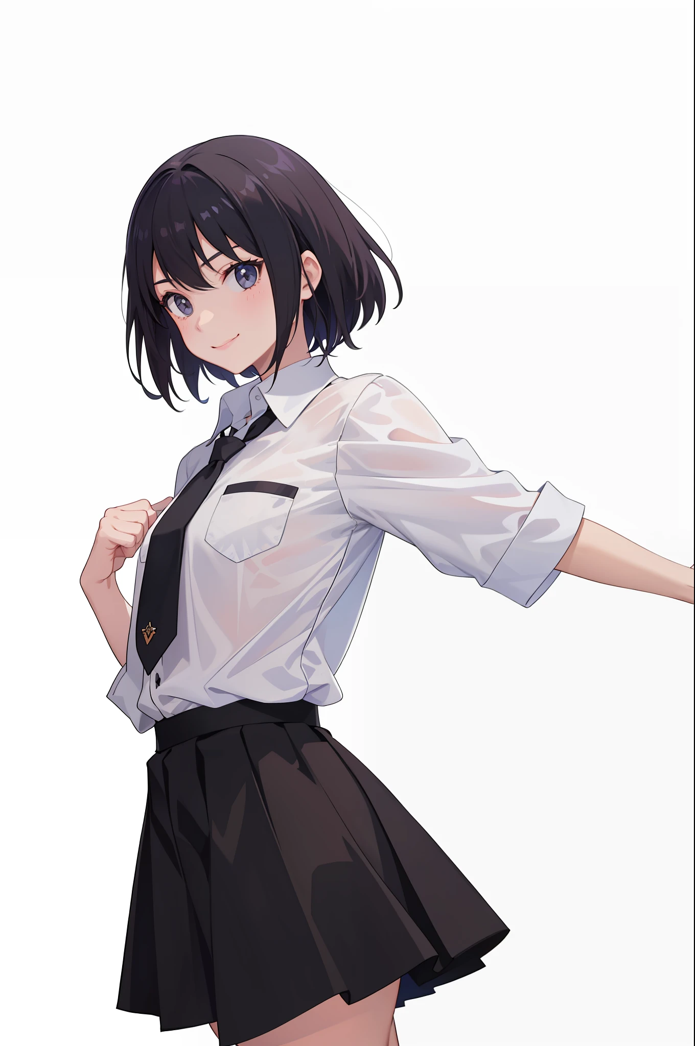 1 girl, smile, shirt, skirt, (small) chiralism,