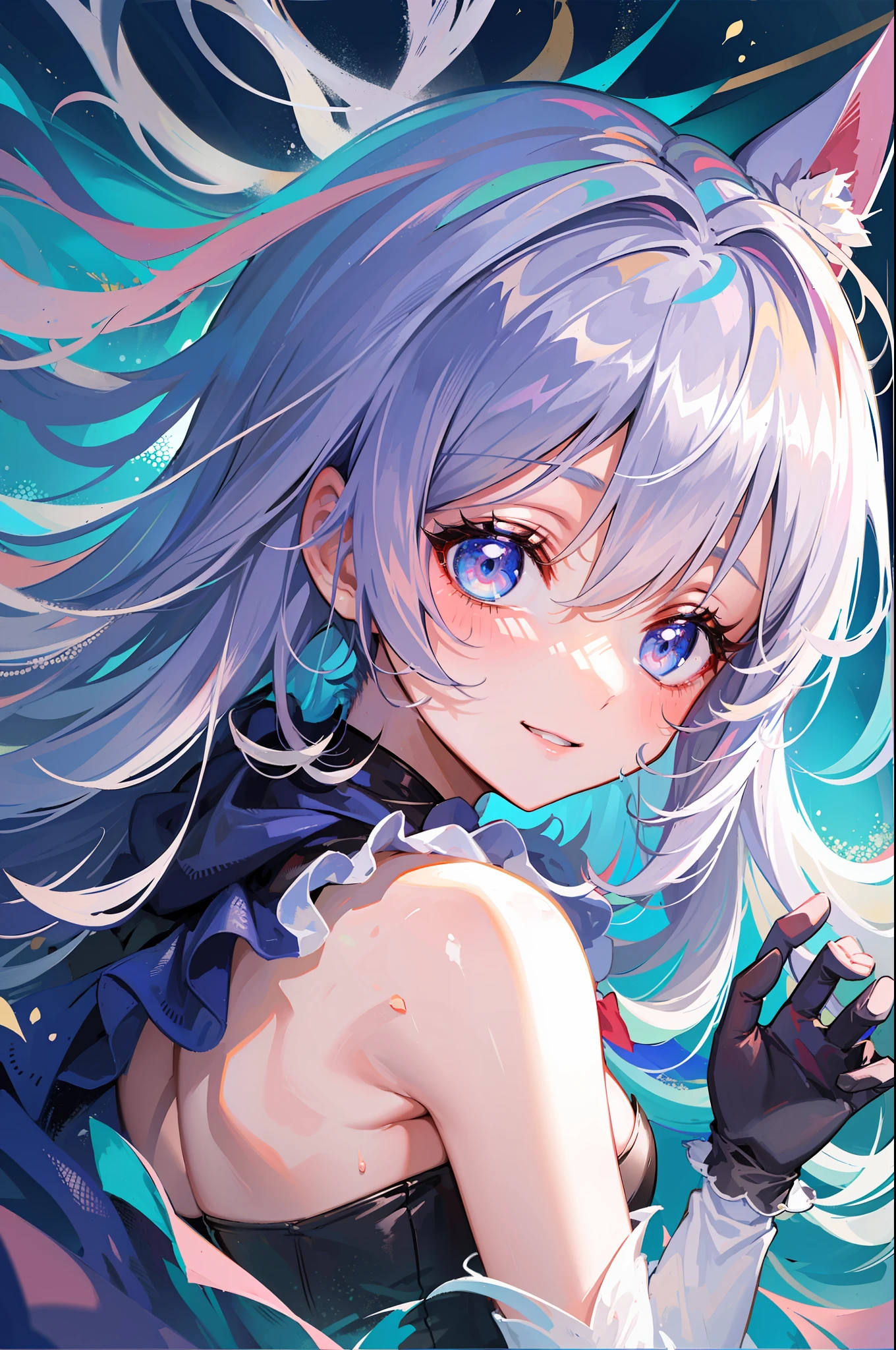 (Masterpiece), (Top Quality Anime Illustration), (Super Definition), (Super Detail), One Girl, Solo, Beautiful Girl with Silver Hair, Anime Loli, Cat Ear Loli, Petite, Lace Dress, Smile, Small, Cleavage, Underboob, Thighs, Wet Sheer, Underwater, Underwater Temple