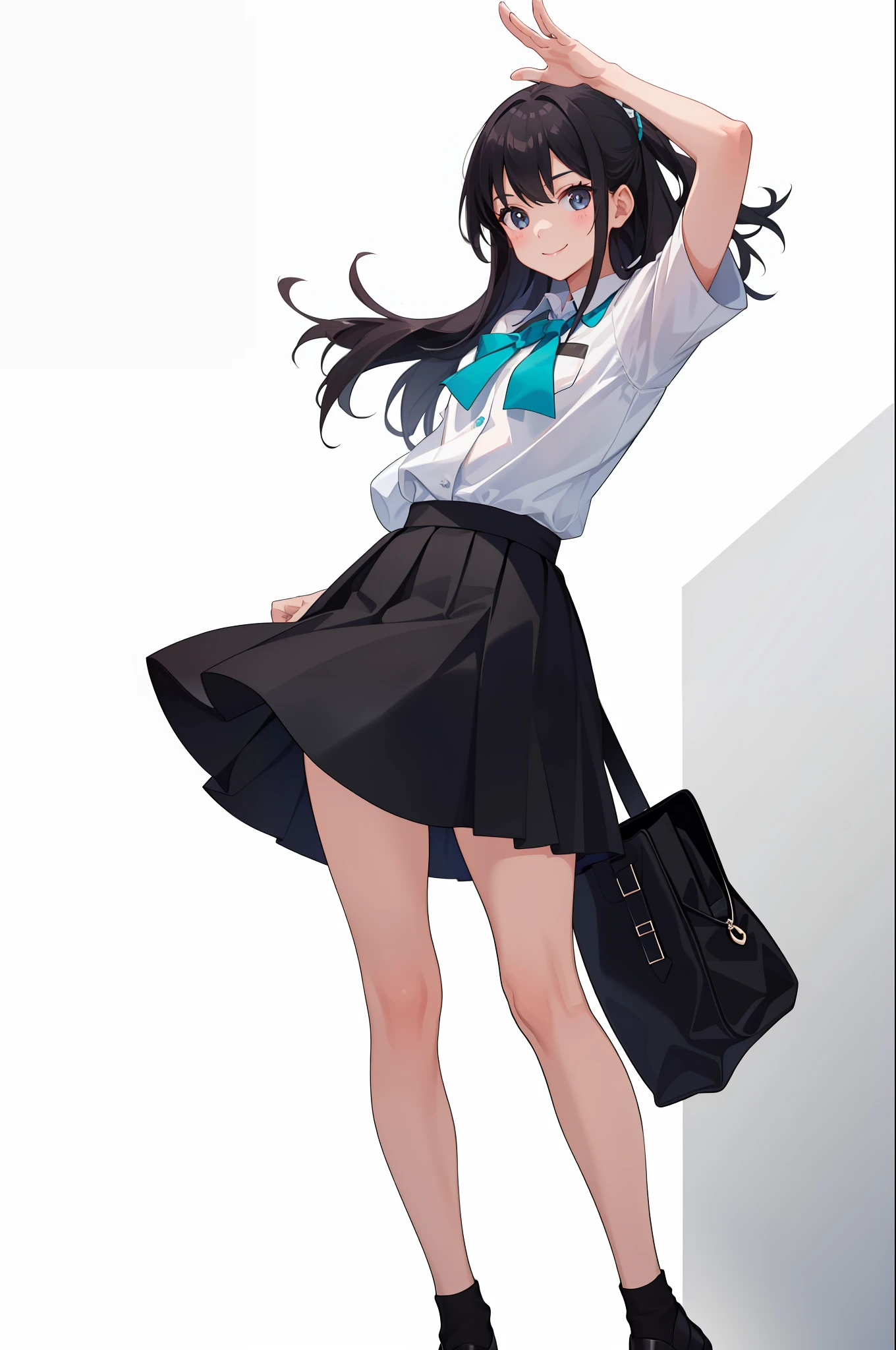 1 girl, smile, shirt, skirt, (small) chiralism,