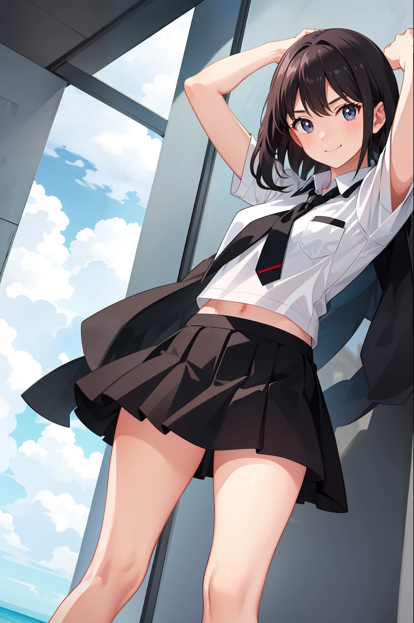 1 girl, smile, shirt, skirt, (small) chiralism,