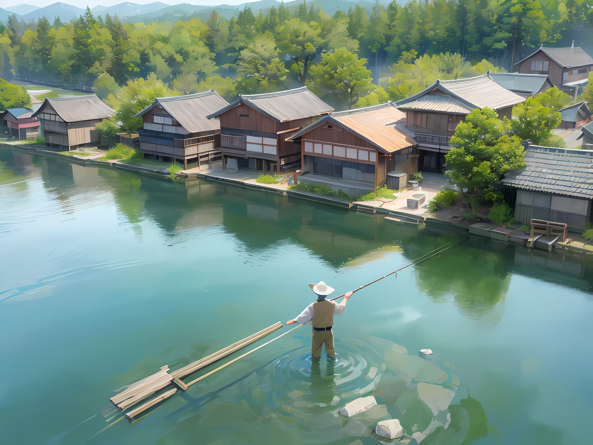 A river meandering delicately through an ancient Japanese village on a rainy day. The river's waters flow smoothly, reflecting the vibrant colors of the traditional wooden houses that line its banks. The rain falls in delicate drops, creating small puddles that mirror the beauty around you. By the river, a gentleman fisherman is immersed in his activity, patiently holding his fishing rod as he waits anxiously for a catch. His calm posture and concentration evidence his deep connection with nature and the ancestral tradition of fishing., Photography, intricate details, perfect features, dramatic, cinematic lighting, accent lighting, SSAA, smooth render, high details, super detail, 8k, 16k, best quality, --auto --s2