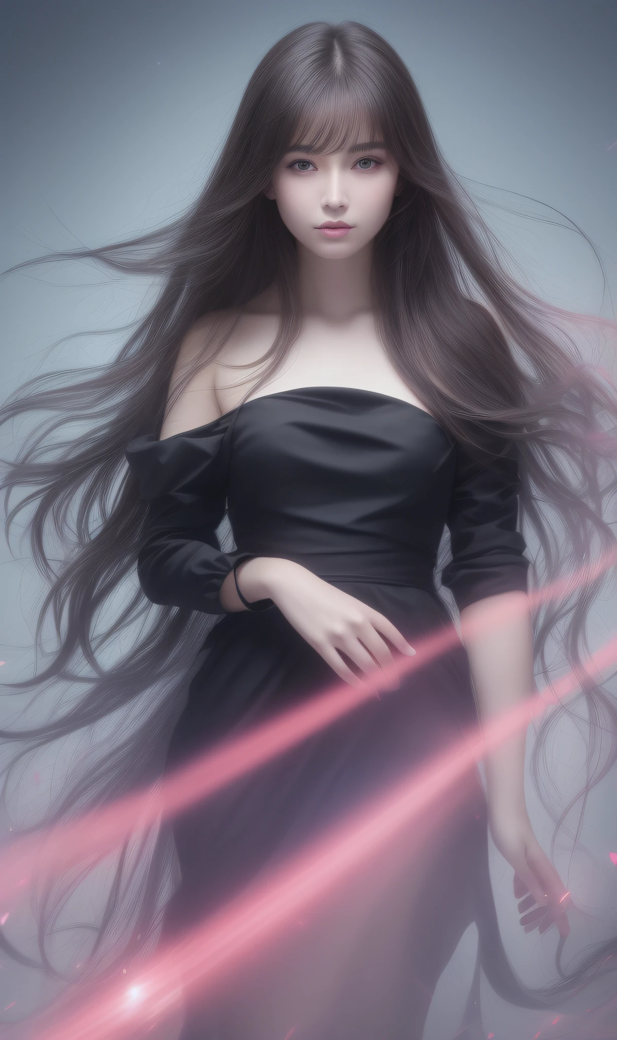 Solo girl portrait (nice perfect face with soft skin, small face with nose and rose-like lips, beautiful eyes, beautiful smile. Black and thin long beautiful hair), bathed in a bright etheric glow), red dress, floating), (lavender background), (top quality, 8k, game CG, photorealistic, wallpaper), (red | green | blue | black | white color), Raphael, USA: 0.5